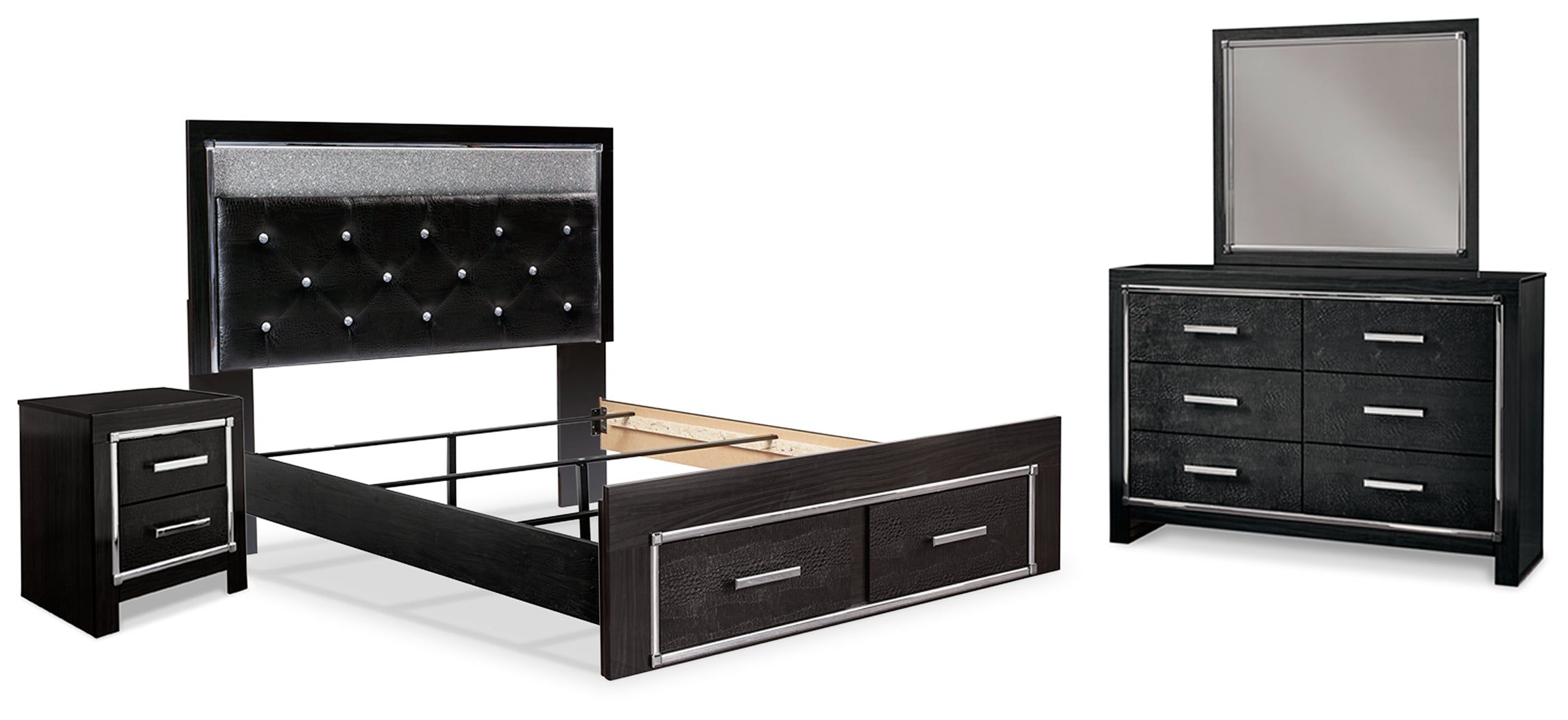 Kaydell Queen Upholstered Panel Bed, Dresser, Mirror and Nightstand