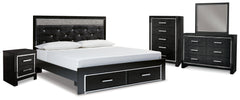 Kaydell King Panel Storage Bed, Dresser, Mirror, Chest and Nightstand