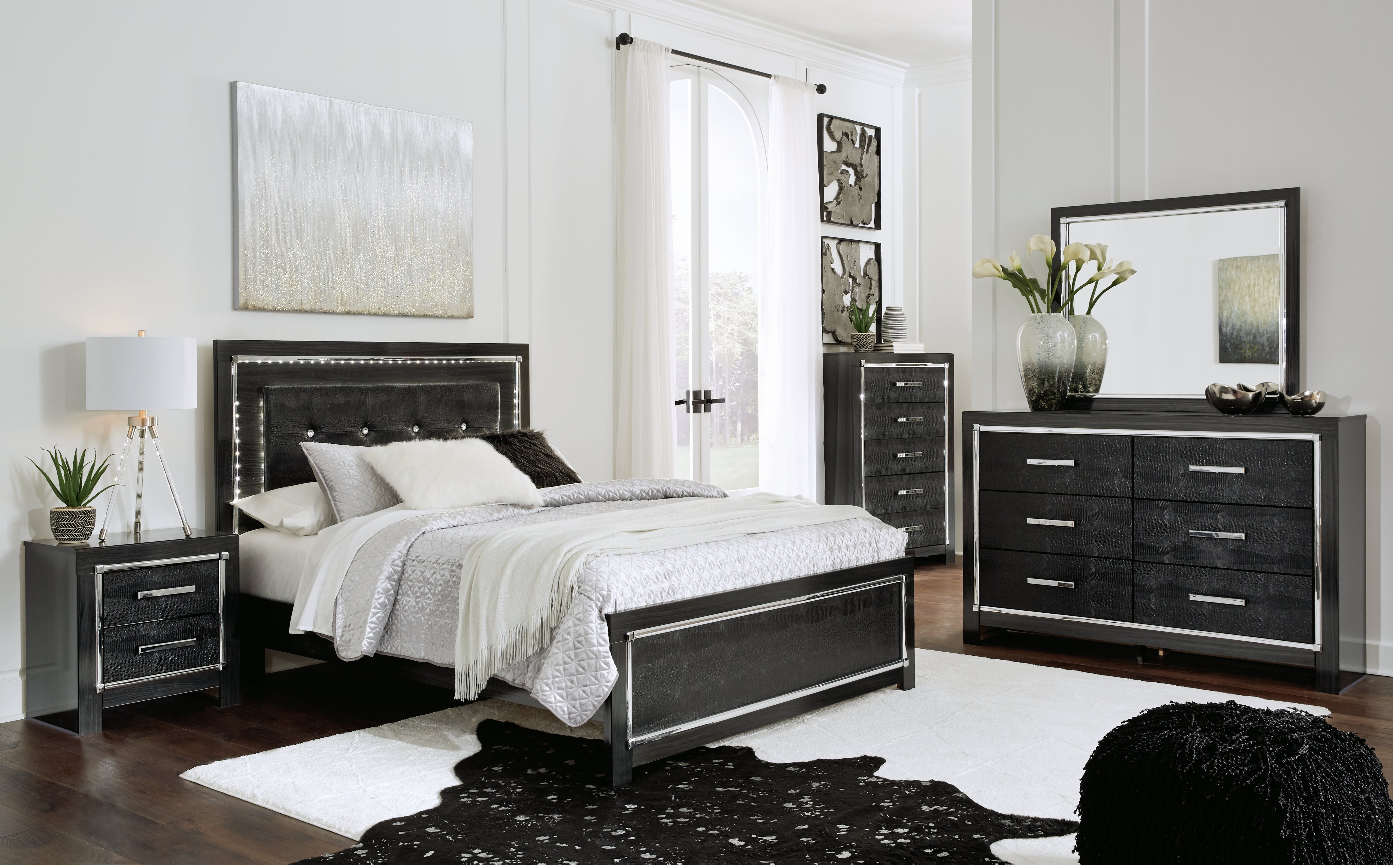 Kaydell Queen Upholstered Panel Bed, Dresser, Mirror, Chest and 2 Nightstands