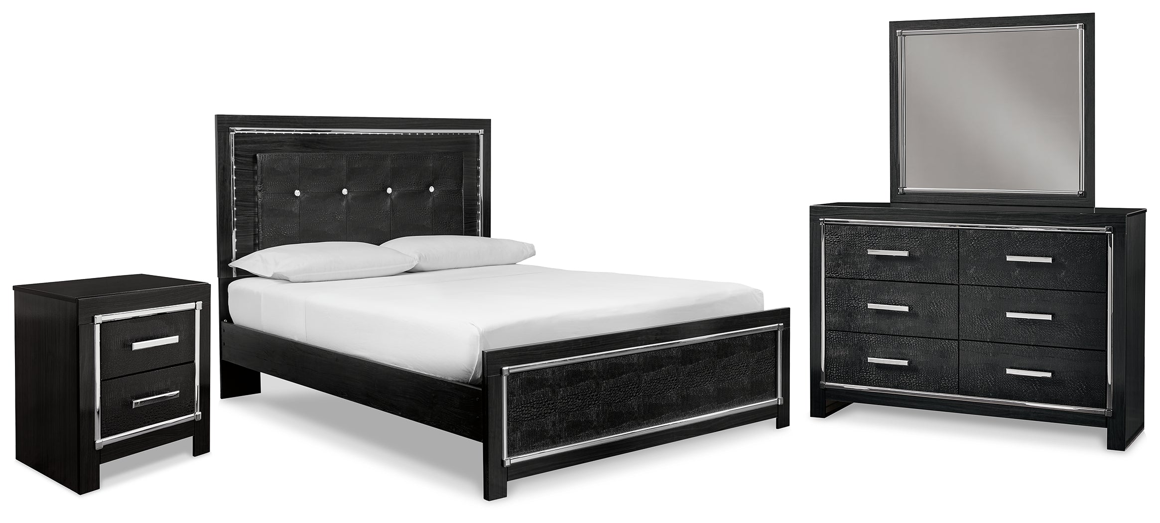 Kaydell Queen Upholstered Panel Bed, Dresser, Mirror, and Nightstand
