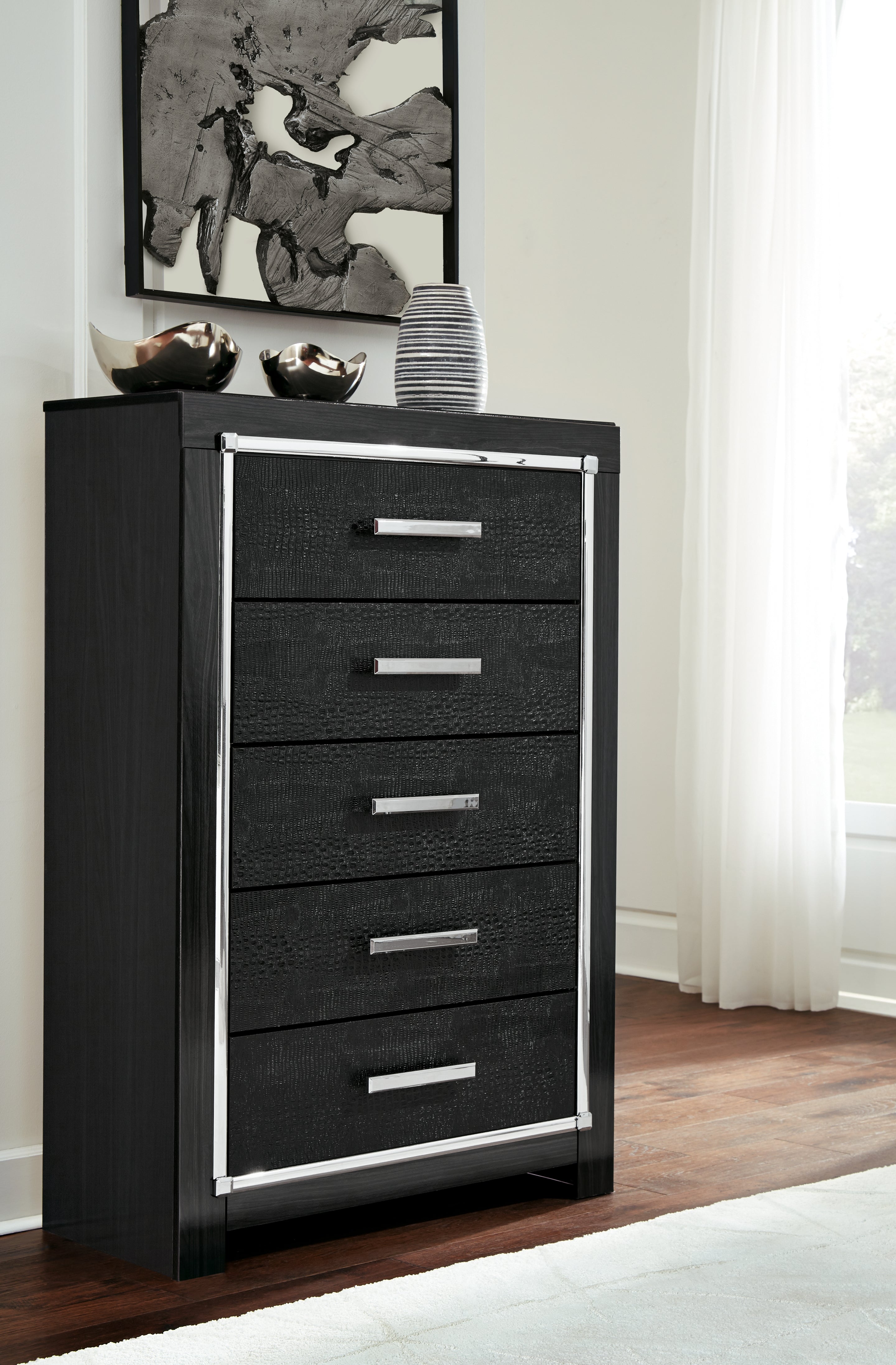Kaydell King Panel Storage Bed, Dresser, Mirror, Chest and Nightstand