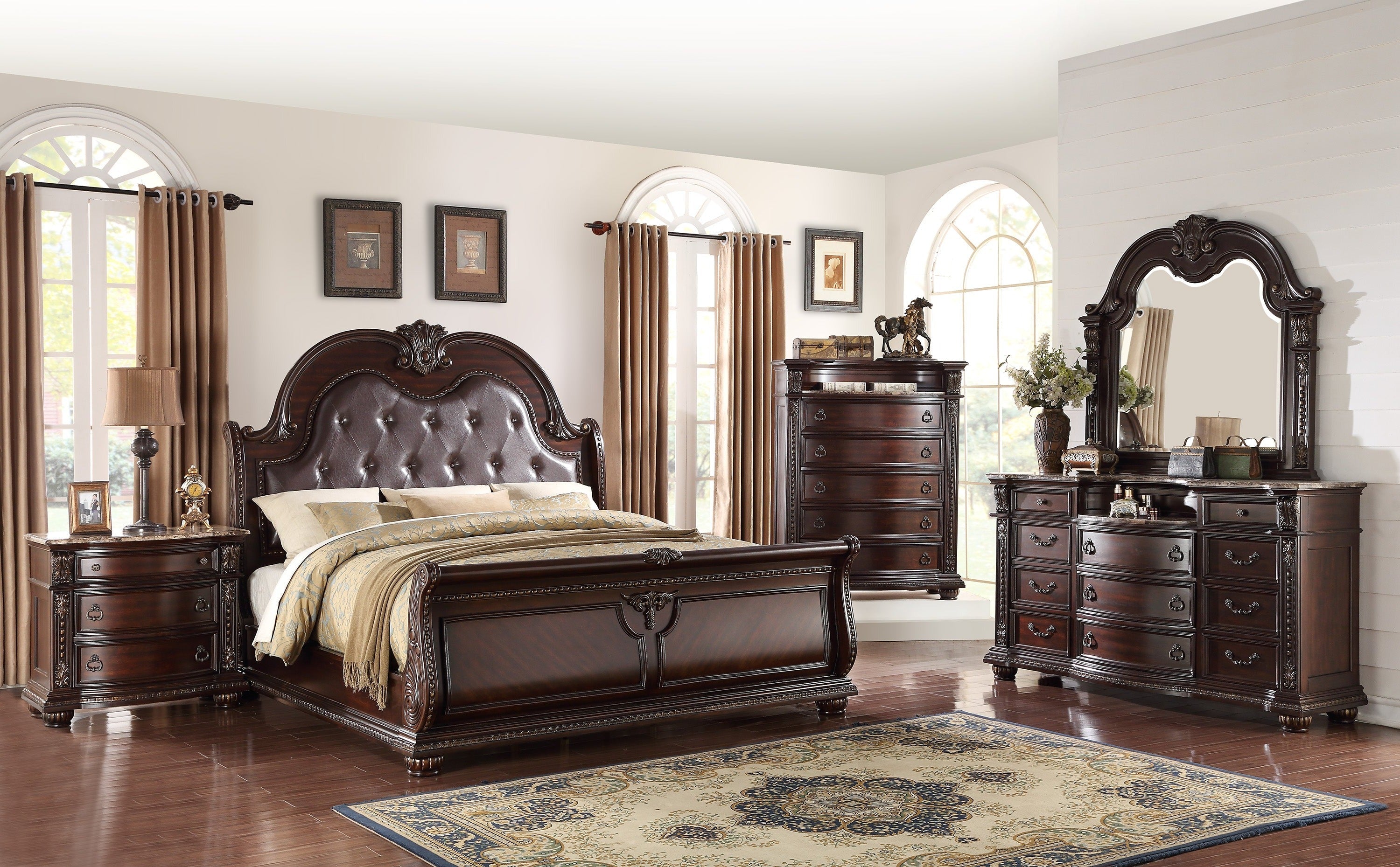 Stanley Cherry Brown Upholstered Sleigh Bedroom Set - MyWaynesHome #