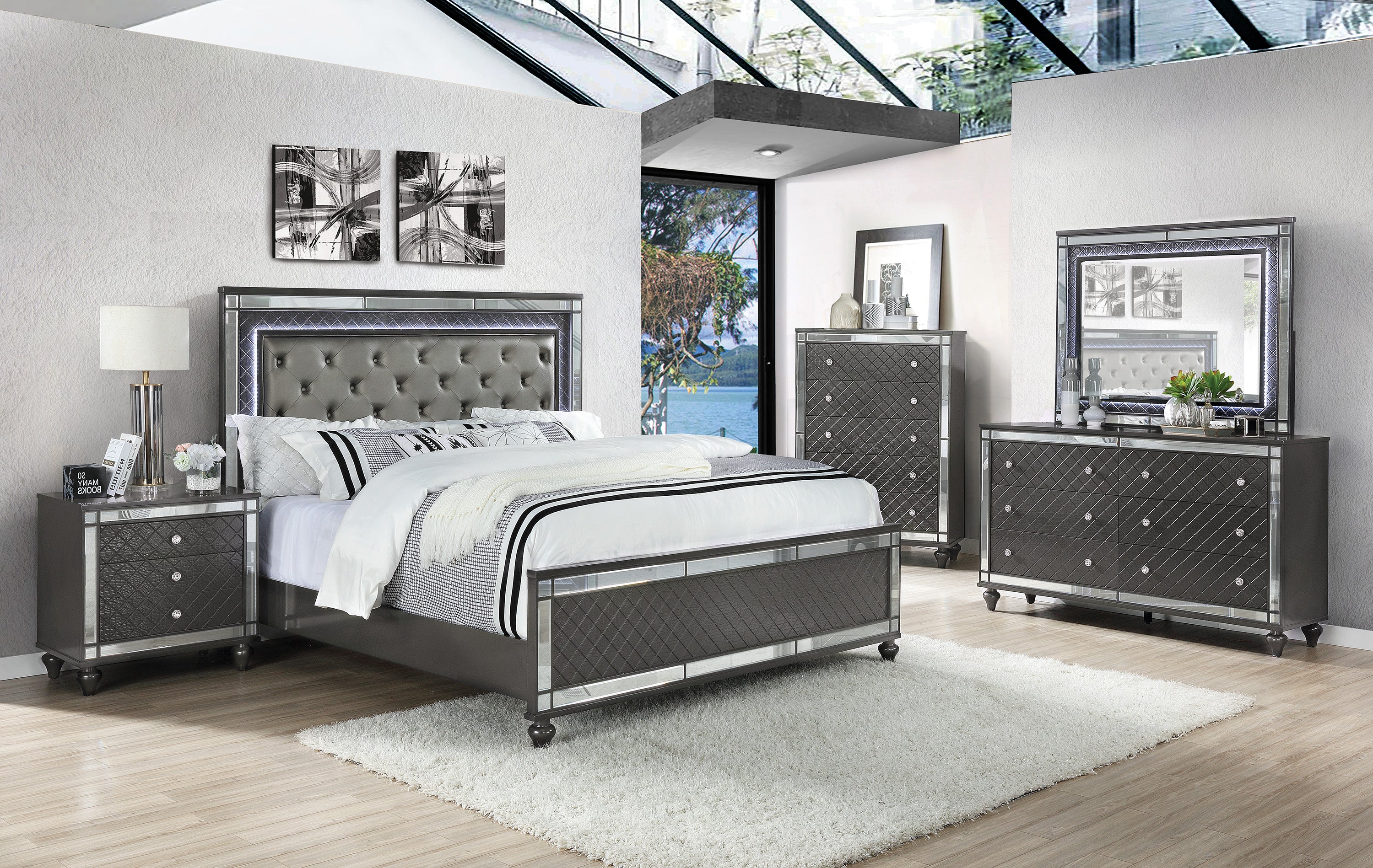 Refino Gray Queen LED Upholstered Panel Bed - MyWaynesHome #