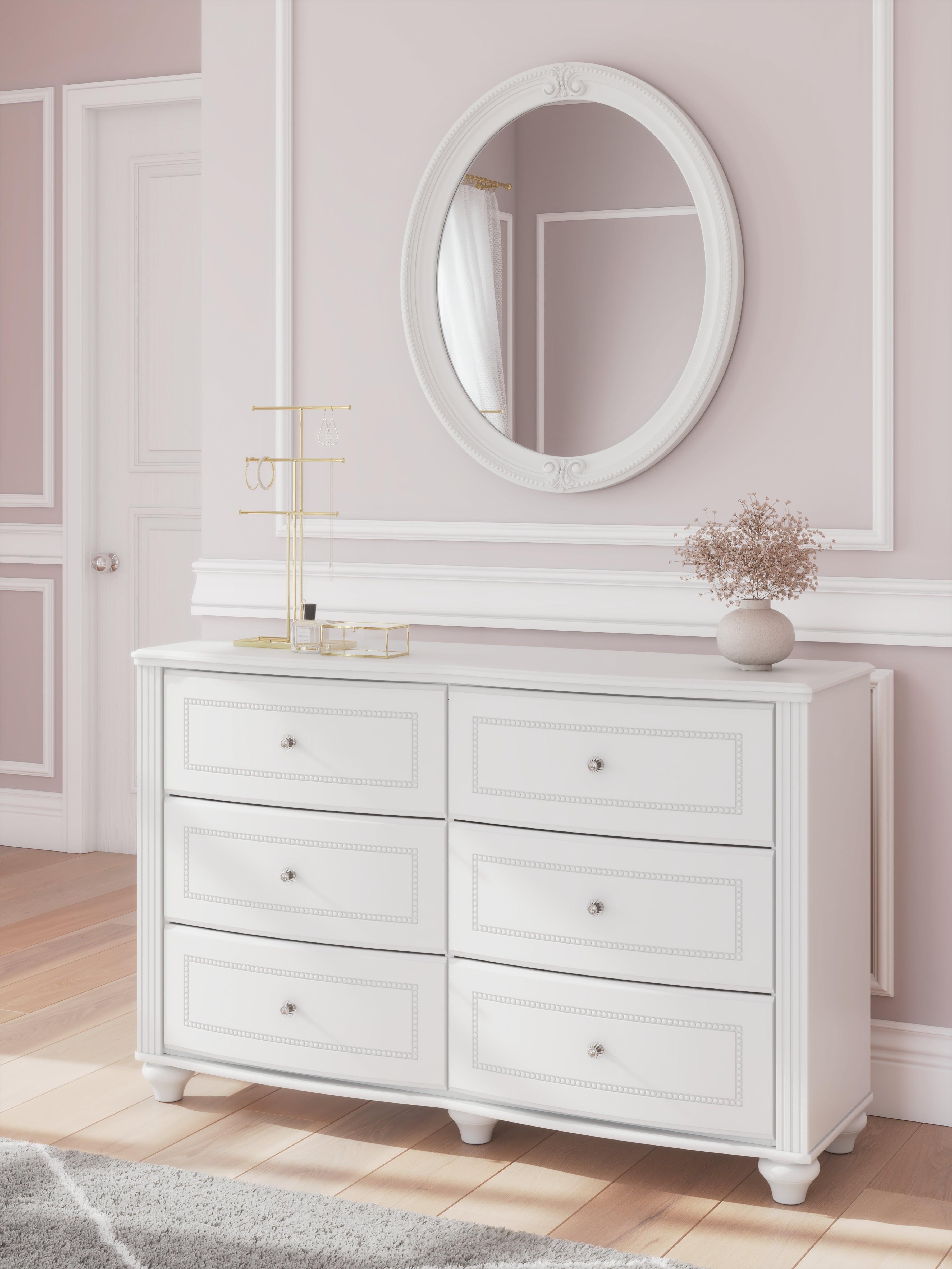 Kozlani Twin Upholstered Panel Bed, Dresser and Mirror