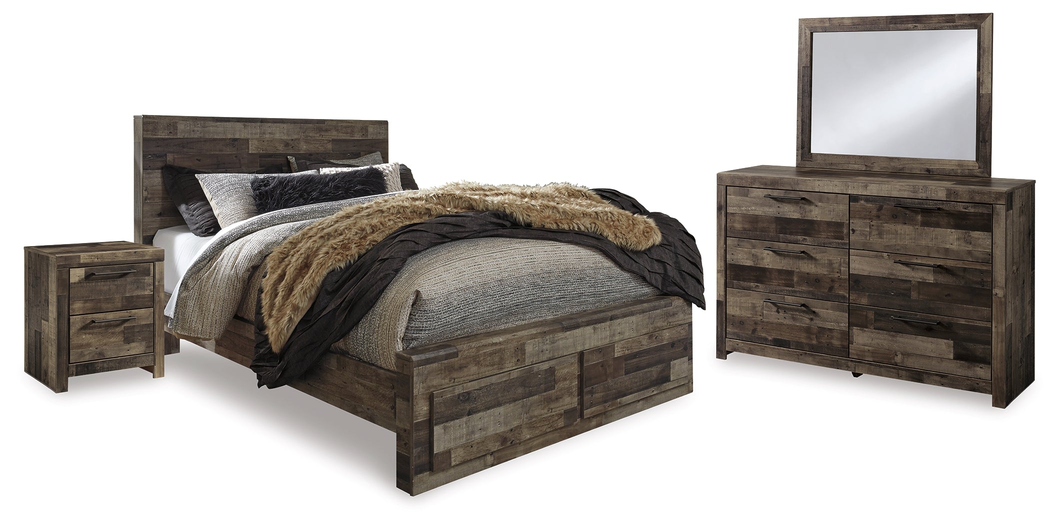 Derekson Queen Panel Storage Bed with Mirrored Dresser and Nightstand