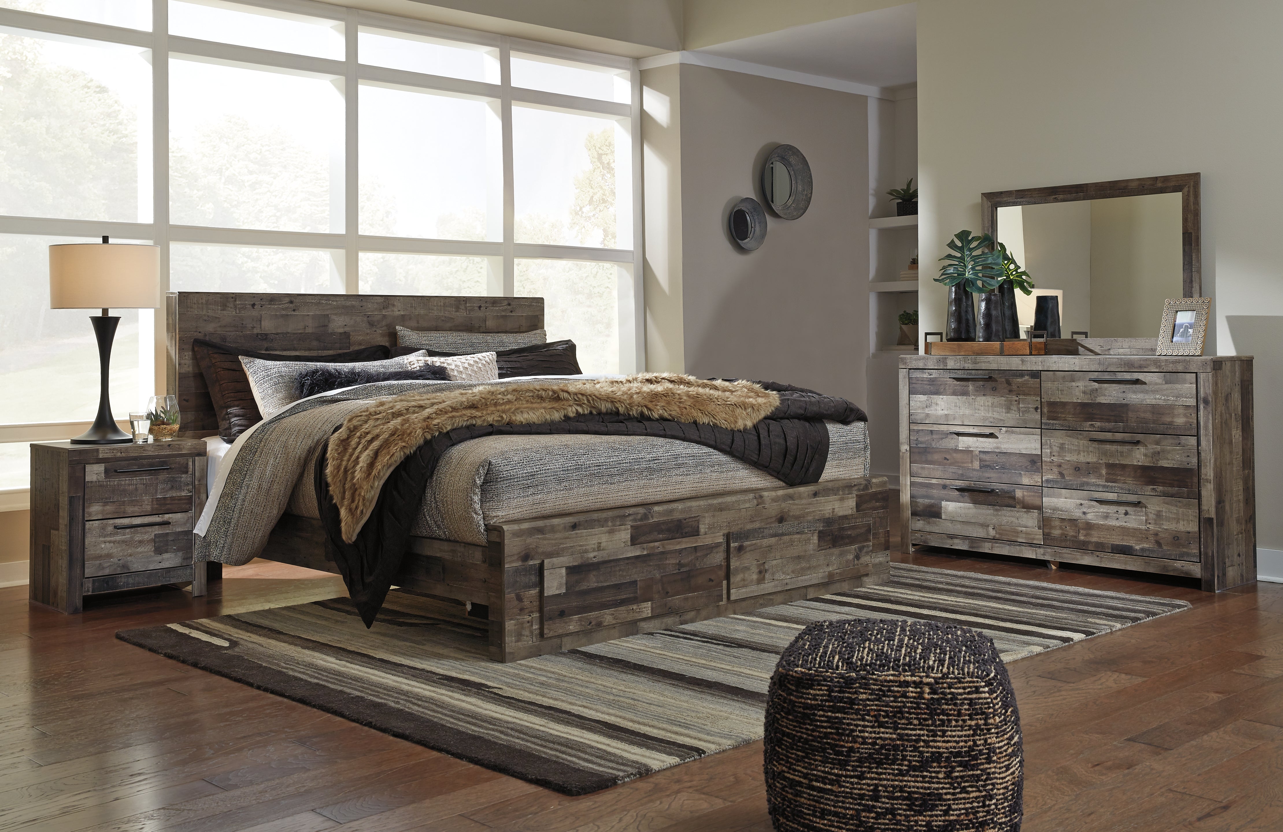Derekson King Panel Storage Bed, Dresser, Mirror, Chest and 2 Nightstands