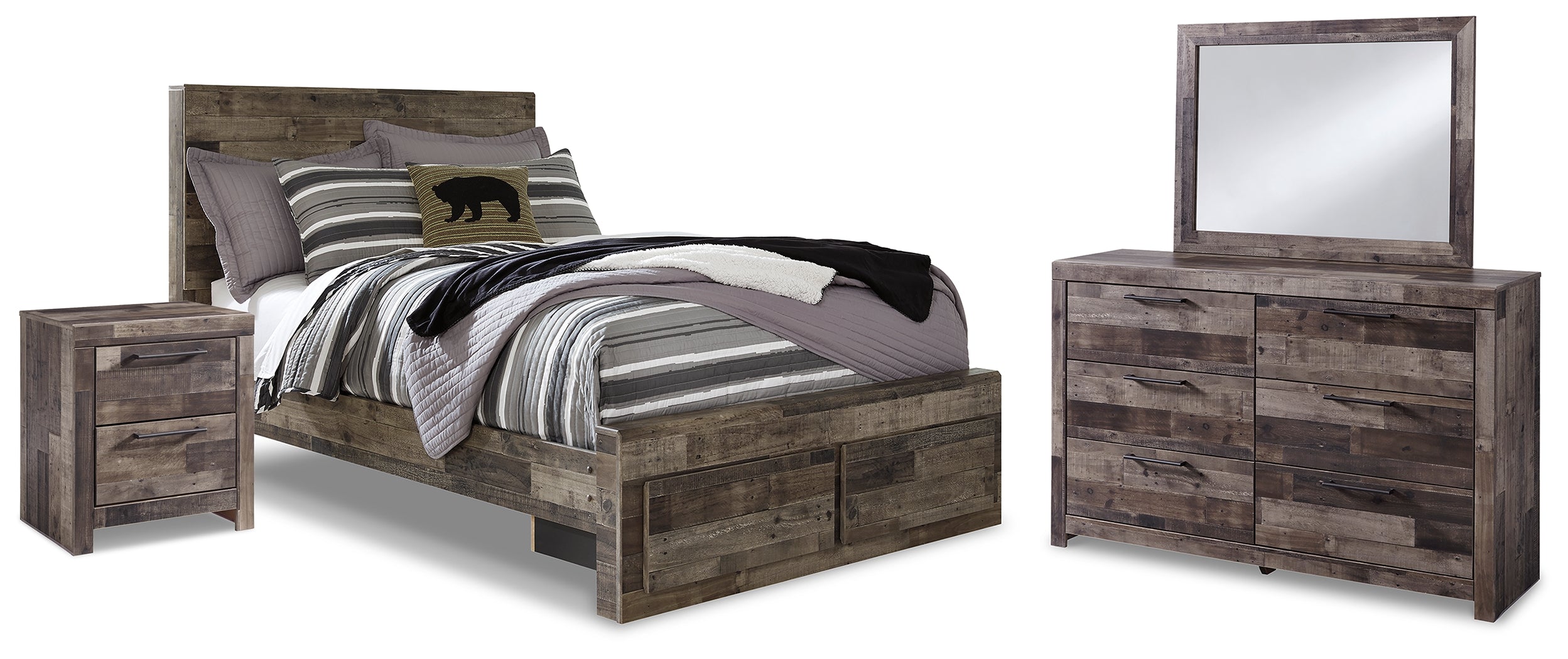 Derekson Full Panel Storage Bed, Dresser, Mirror and Nightstand
