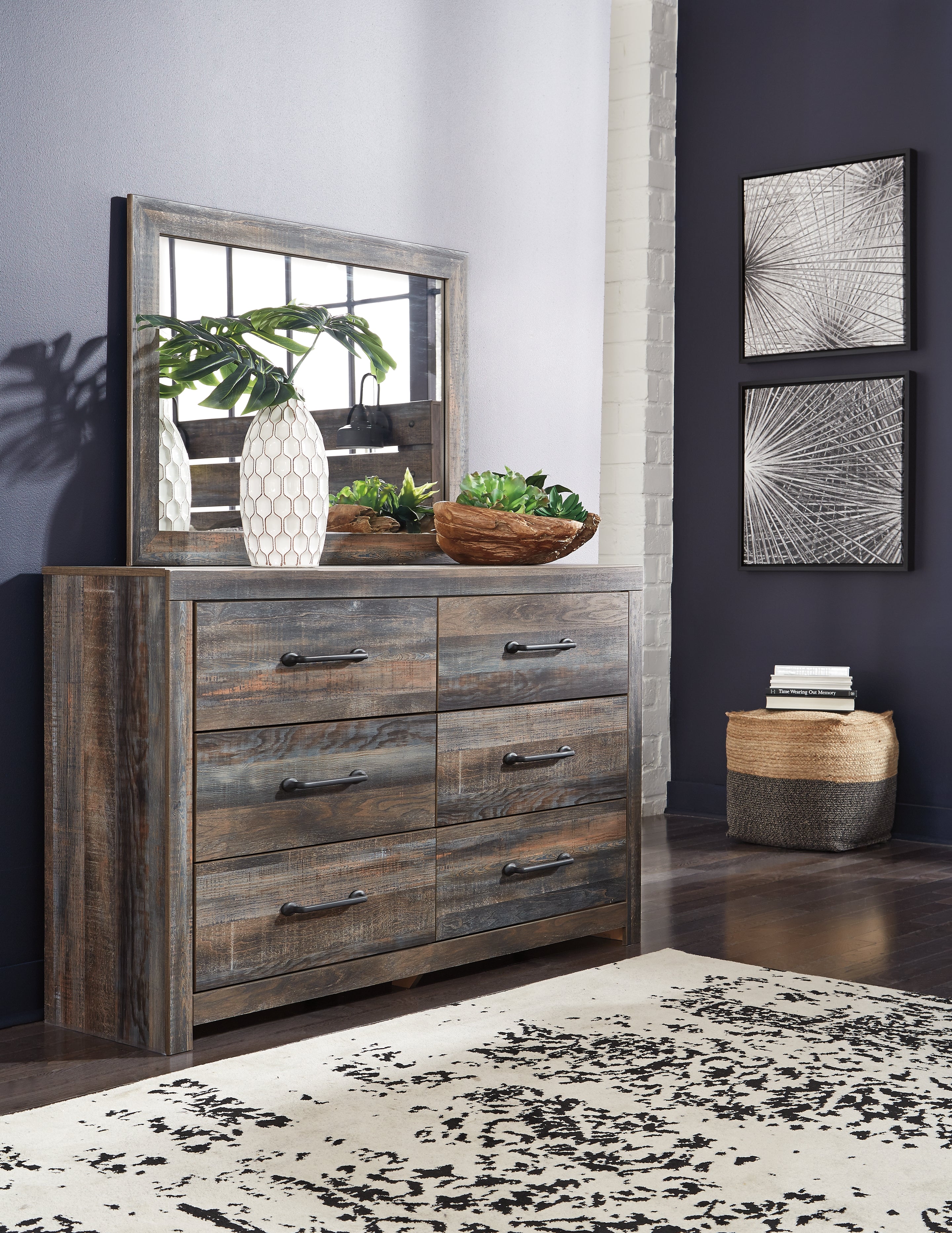 Drystan Queen Bookcase Panel Bed, Dresser, Mirror Chest and Nightstand
