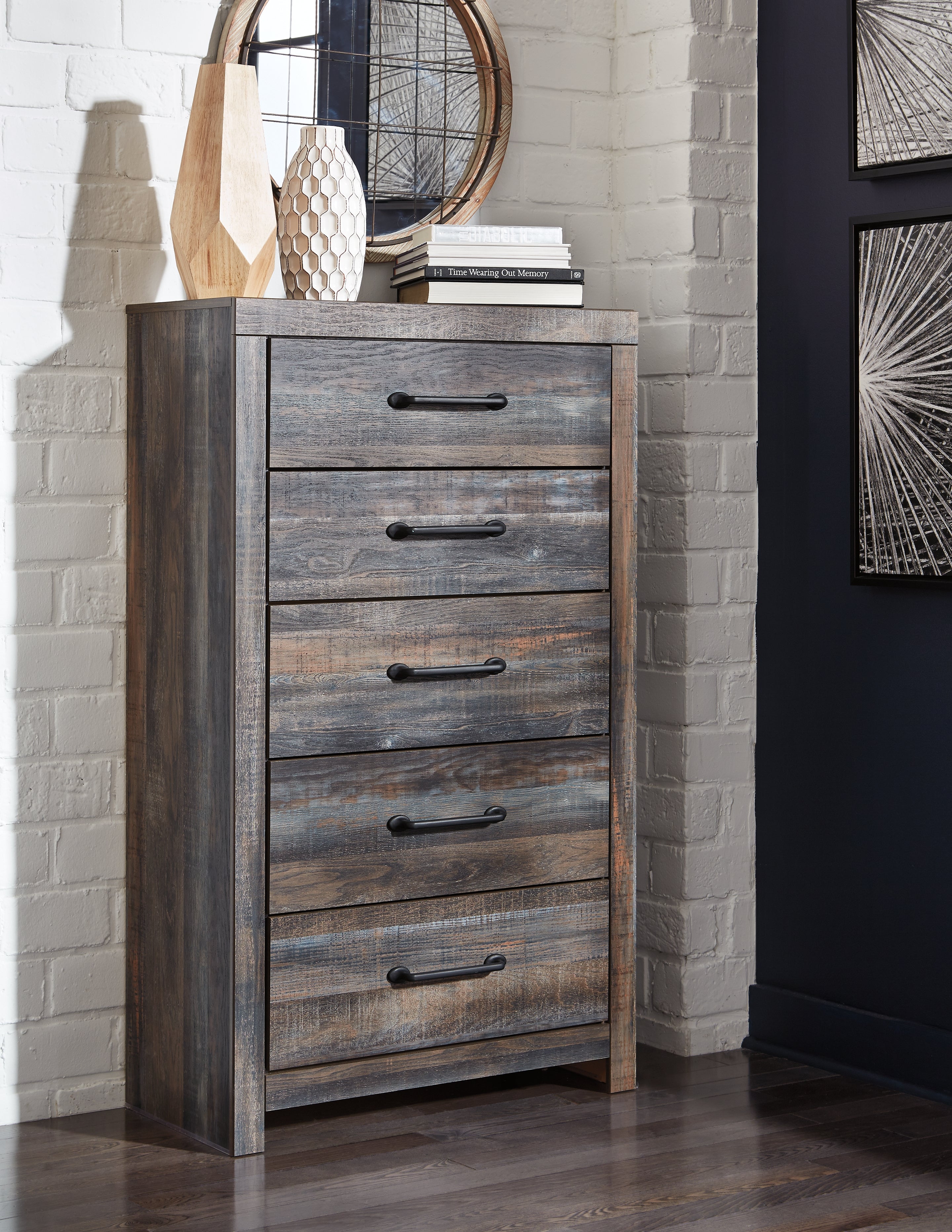 Drystan Queen Bookcase Panel Bed, Dresser, Mirror Chest and Nightstand