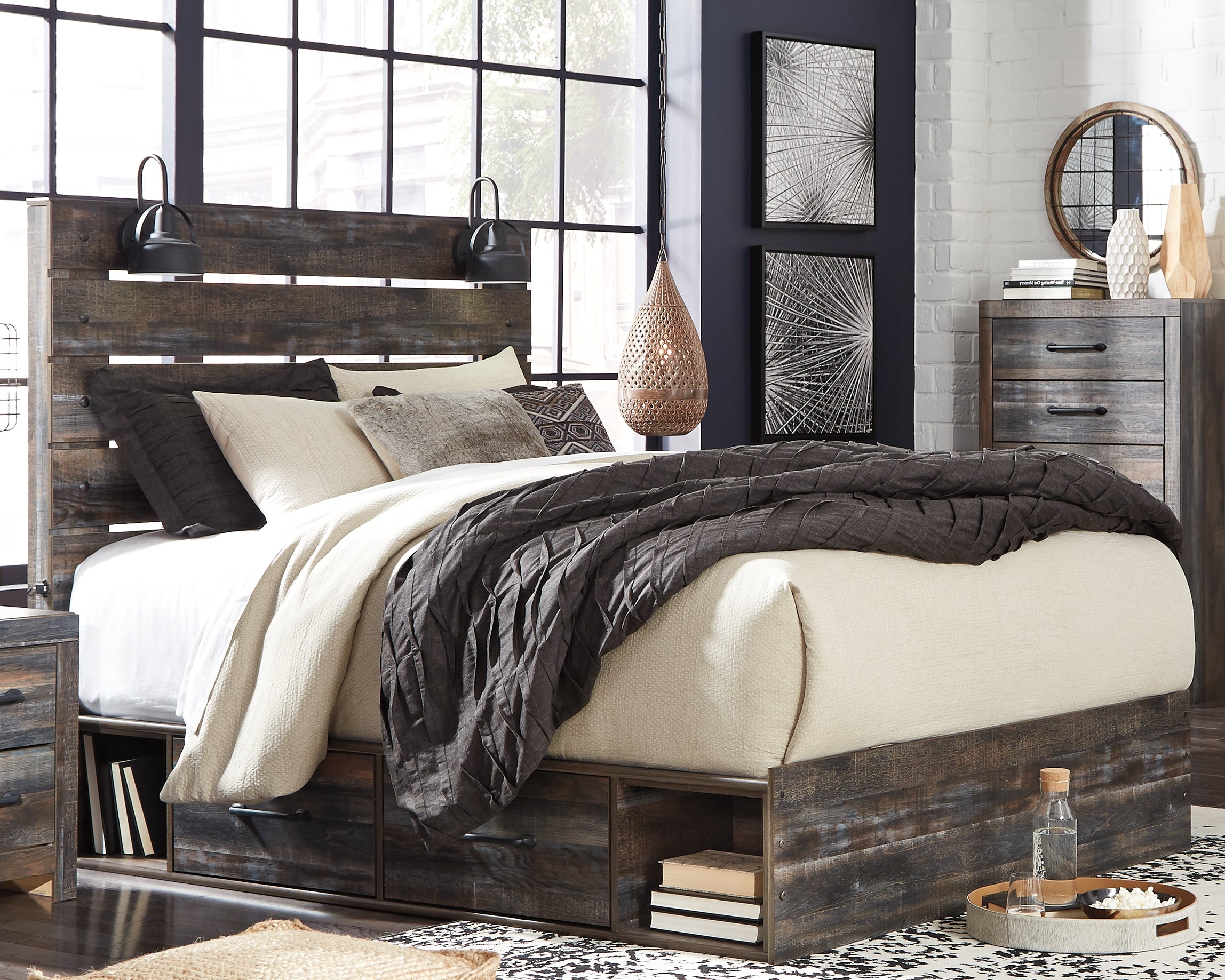 Drystan Queen Panel Bed with Storage, Chest and Nightstand