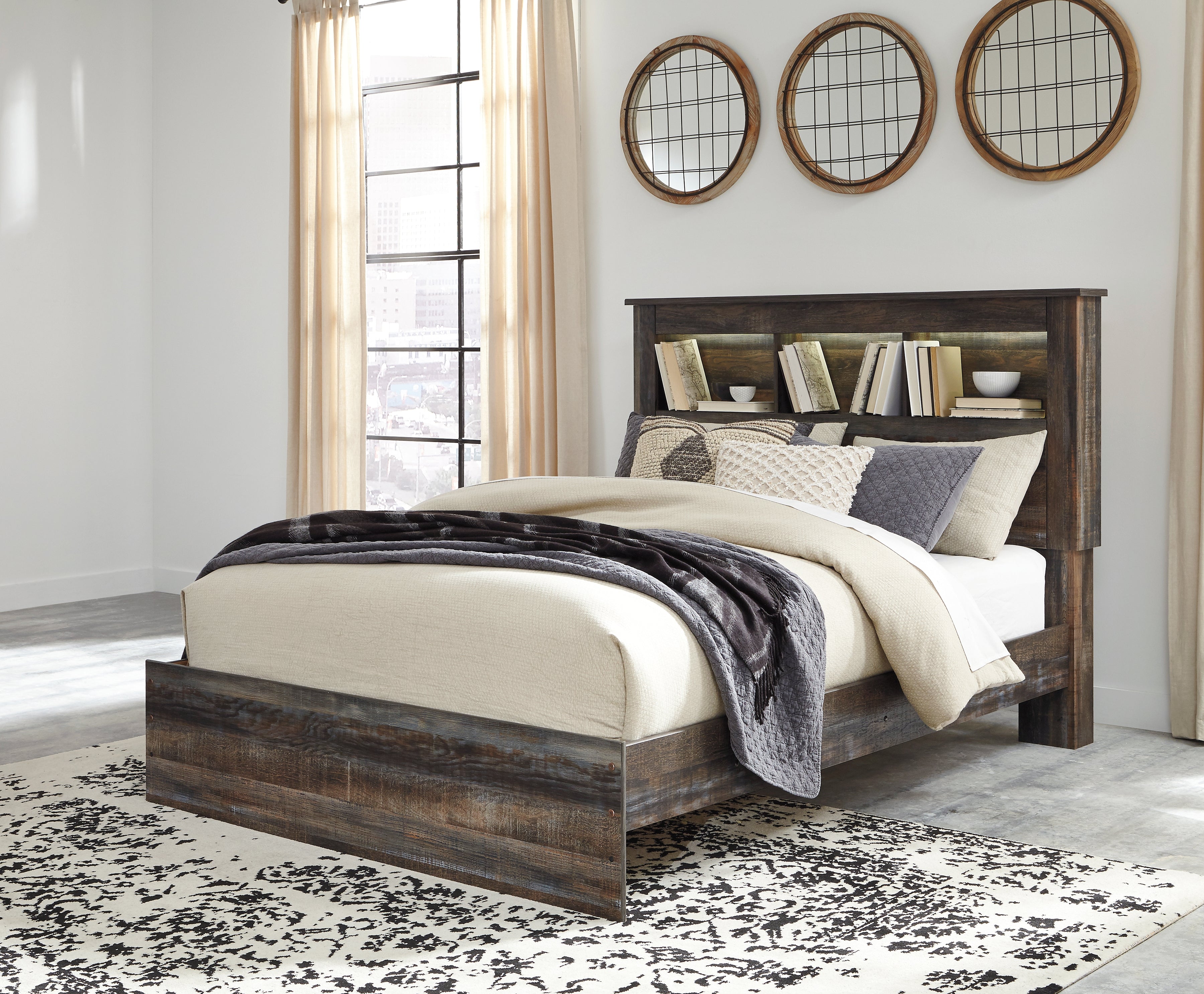 Drystan Queen Bookcase Bed, Dresser, Mirror and Nightstand