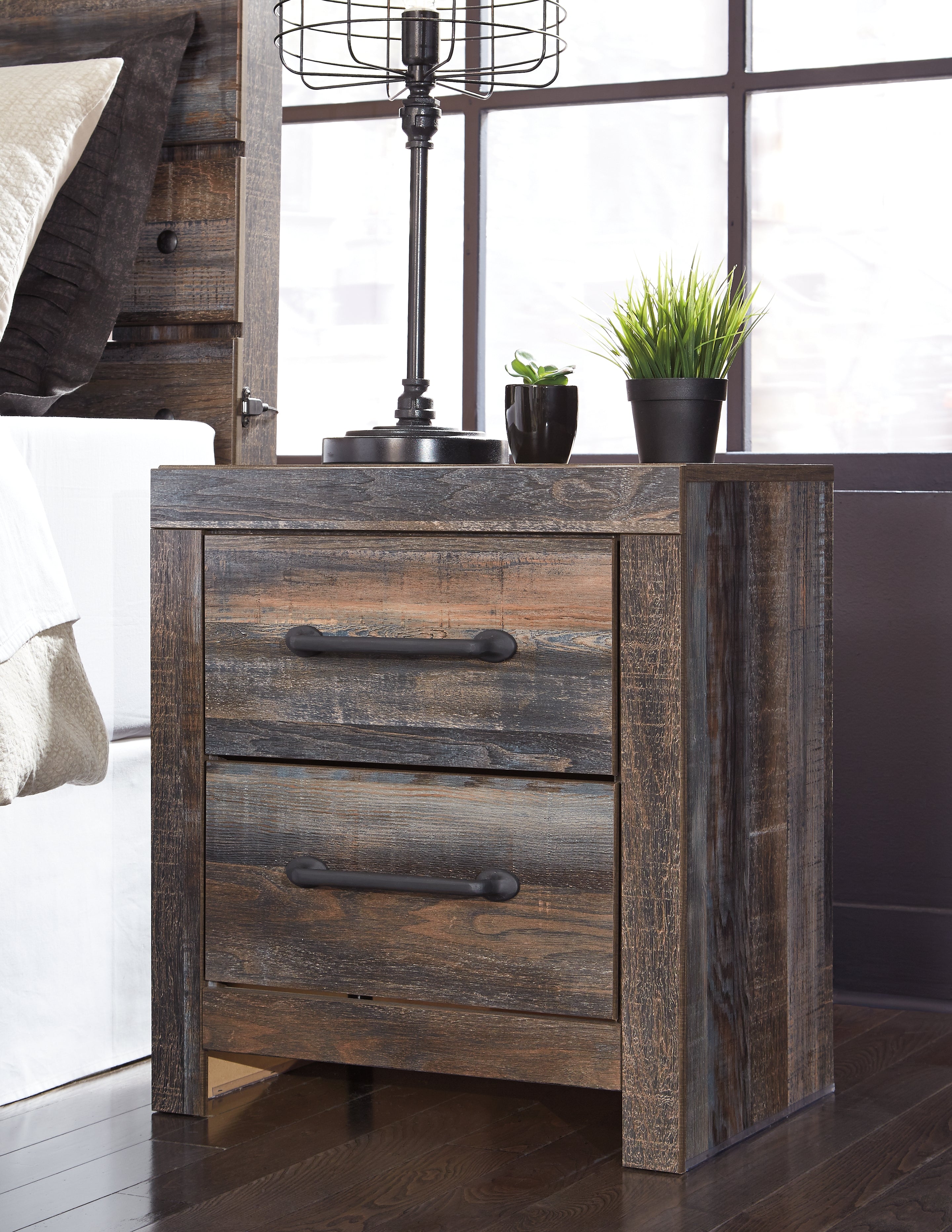 Drystan King Panel Bed with Under Bed Storage, Dresser, Mirror and Nightstand