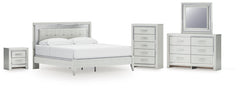 Zyniden King Upholstered Panel Bed, Dresser, Mirror, Chest and Nightstand