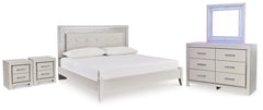 Zyniden King Upholstered Panel Bed, Dresser, Mirror and 2 Nightstands