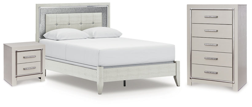 Zyniden Queen Upholstered Panel Bed, Chest and Nightstand