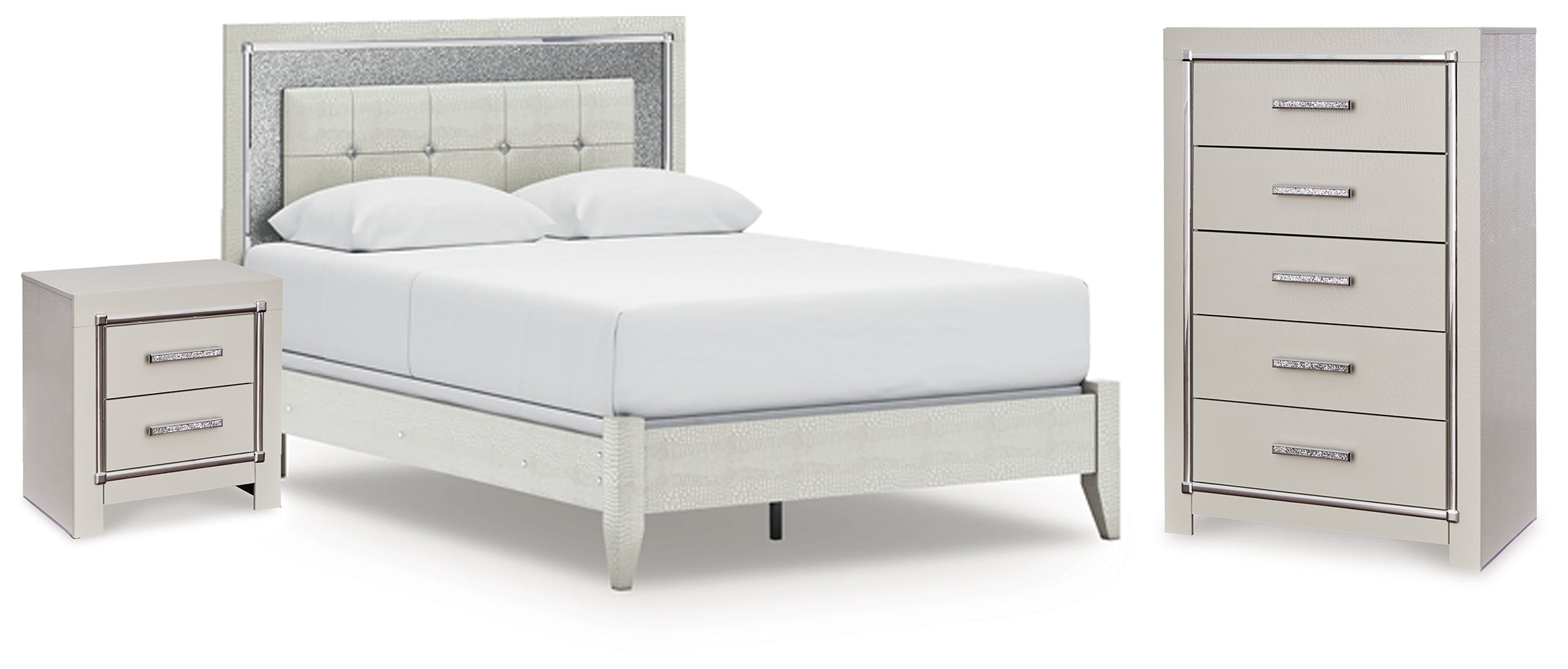 Zyniden Queen Upholstered Panel Bed, Chest and Nightstand