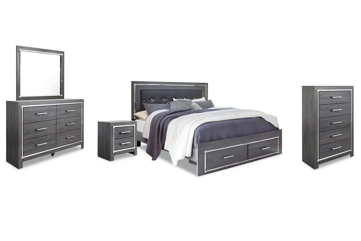 Lodanna King Upholstered Storage Bed, Dresser, Mirror, Chest, and Nightstand
