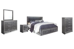 Lodanna King Upholstered Storage Bed, Dresser, Mirror, Chest, and Nightstand