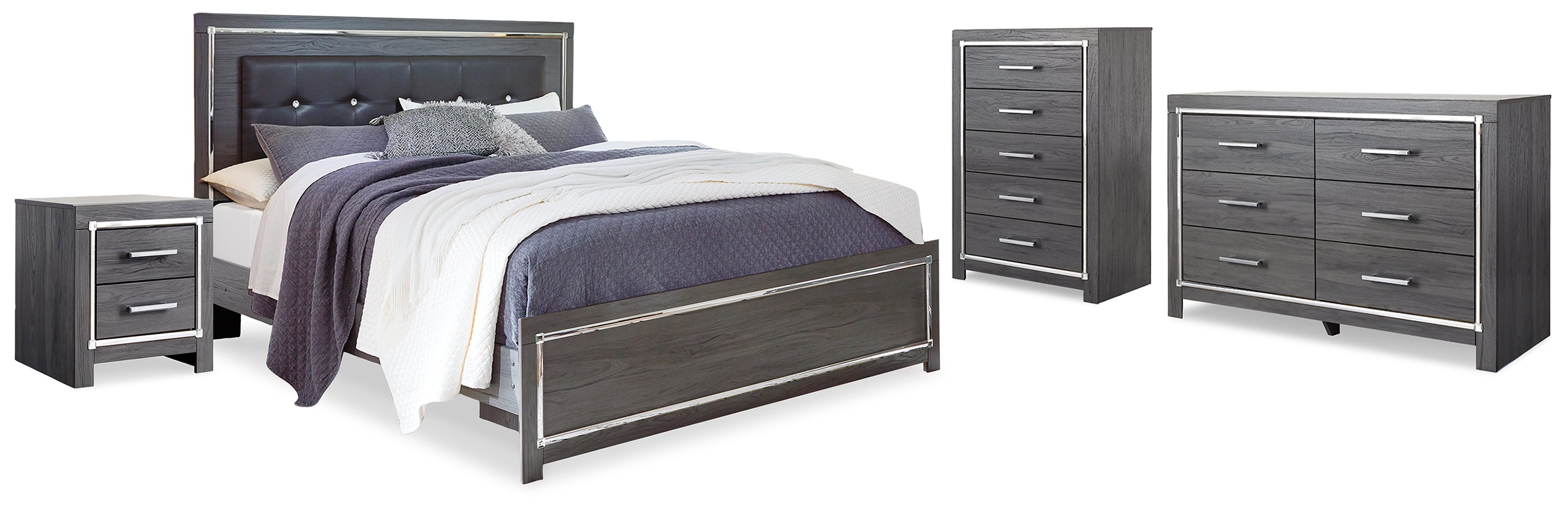 Lodanna King Upholstered Panel Bed, Dresser, Chest and 2 Nightstands