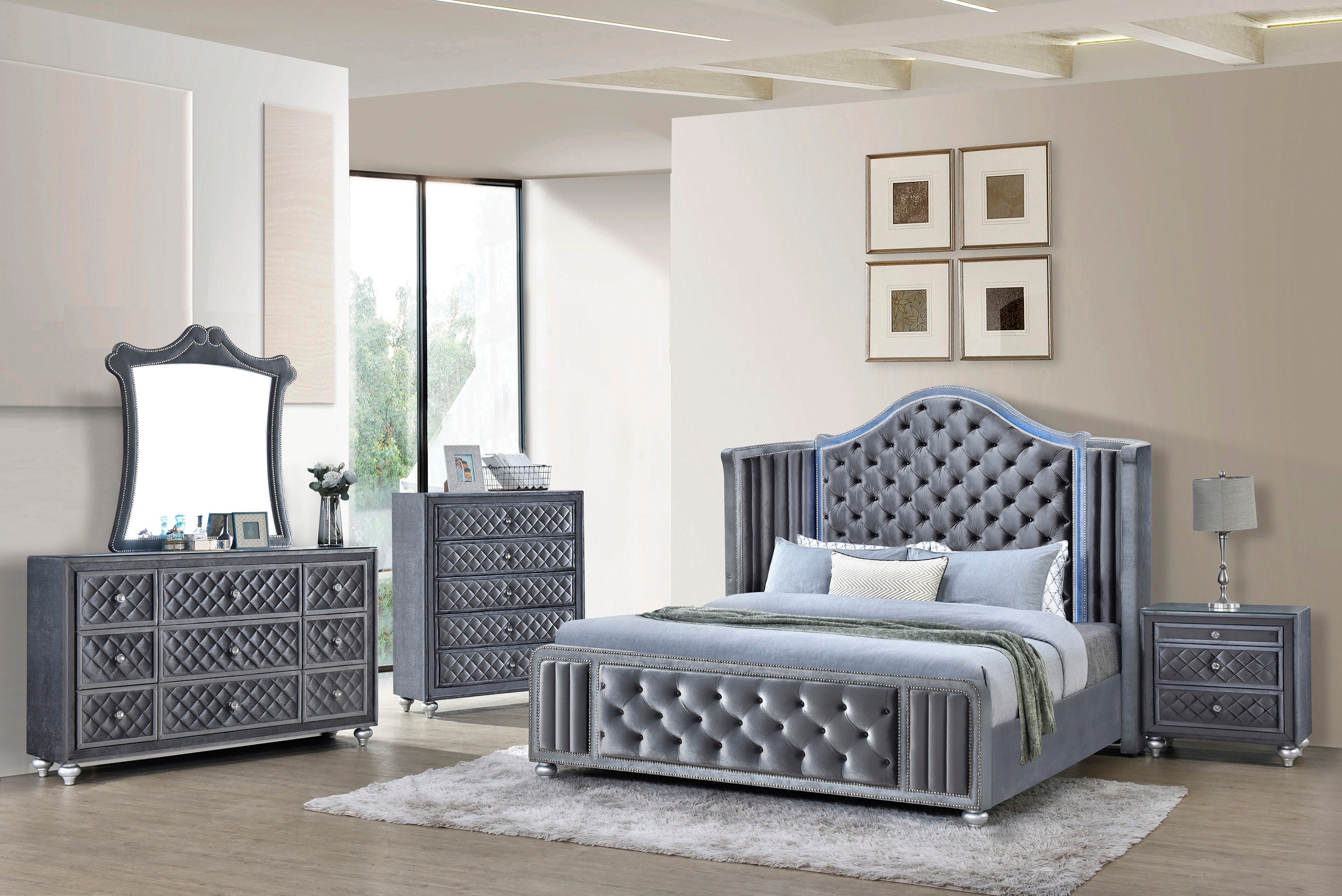 Cameo Gray King Upholstered Wingback Panel Bed - MyWaynesHome #