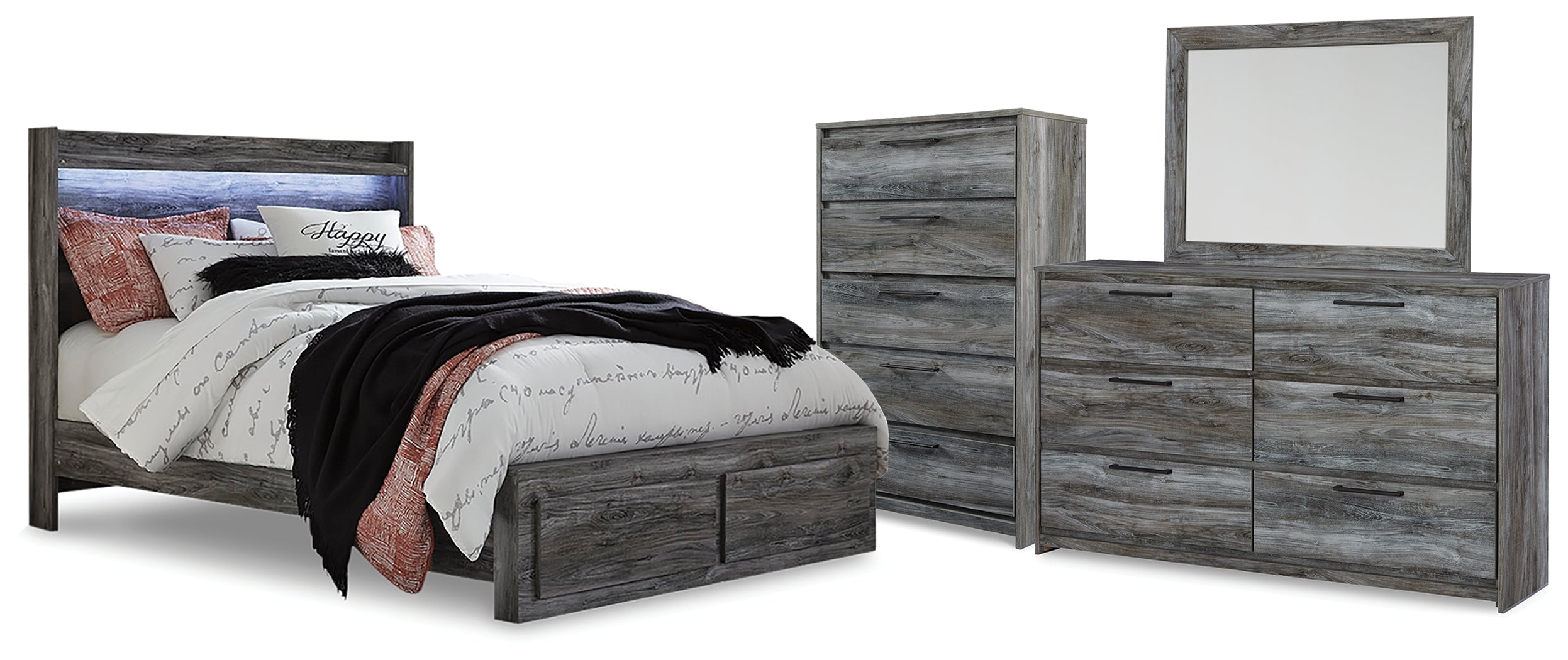 Baystorm Queen Storage Bed, Dresser, Mirror and Chest