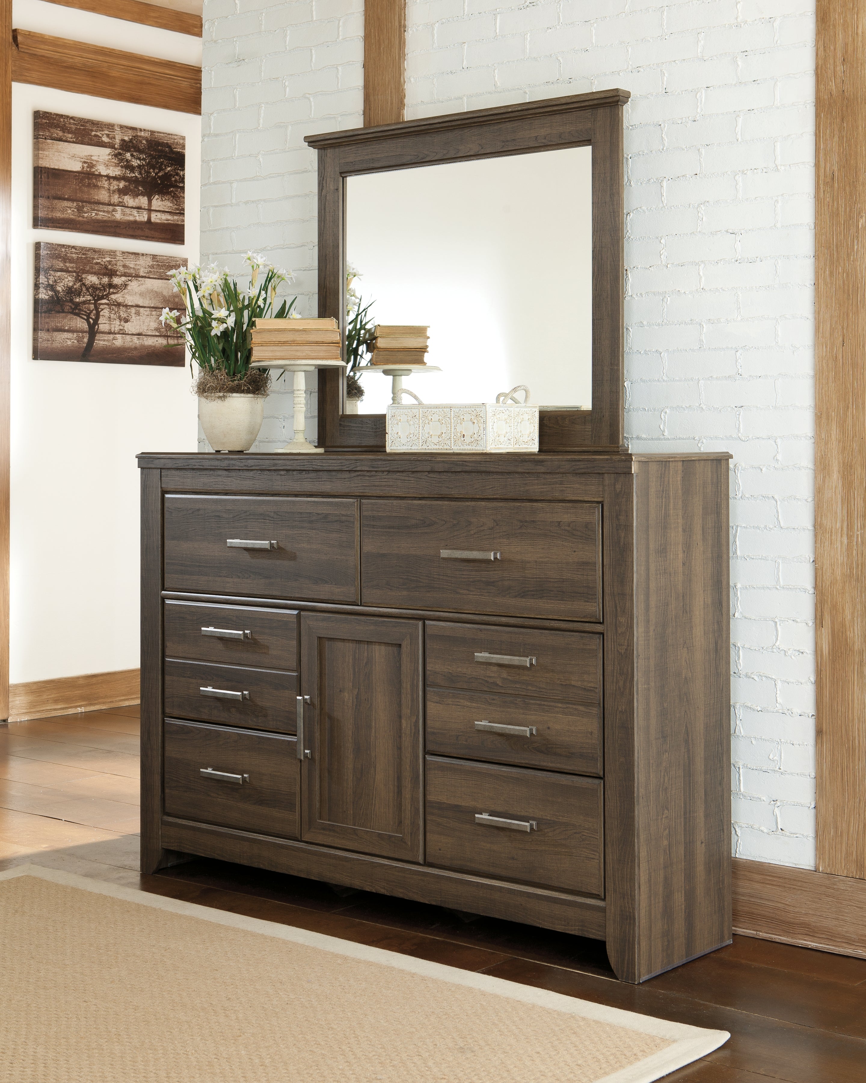 Juararo California King Panel Bed, Dresser, Mirror, Chest and Nightstand