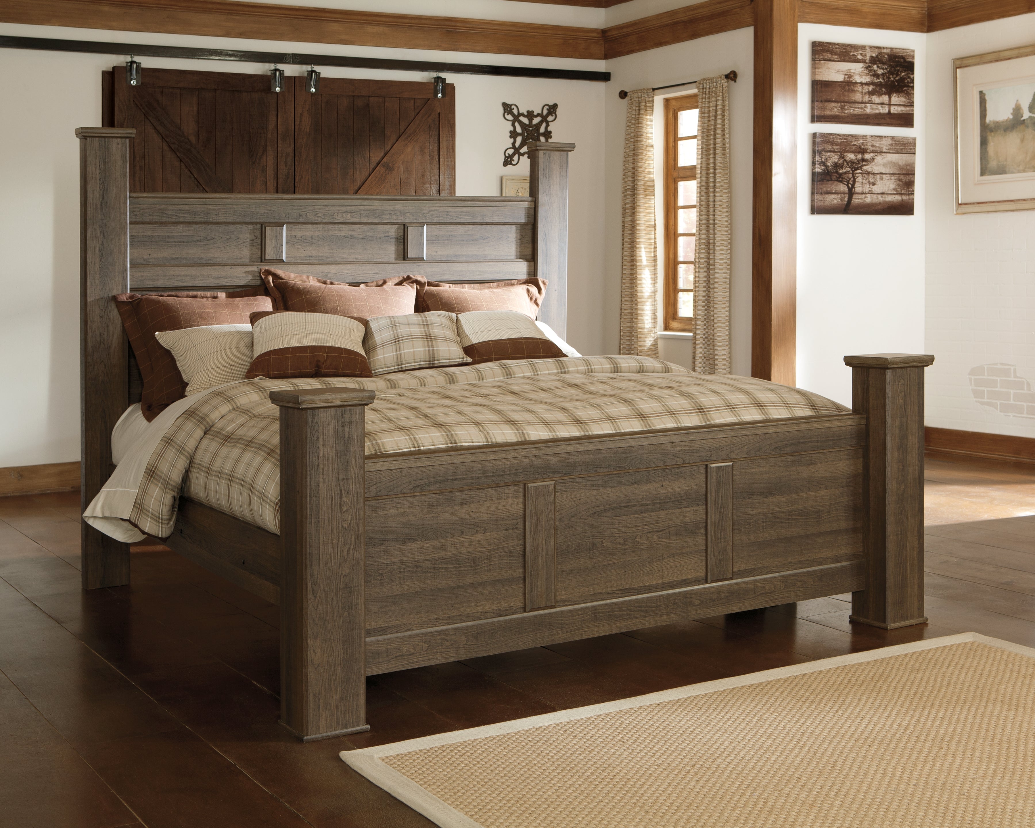 Juararo California King Poster Bed, Dresser, Mirror, Chest and 2 Nightstands
