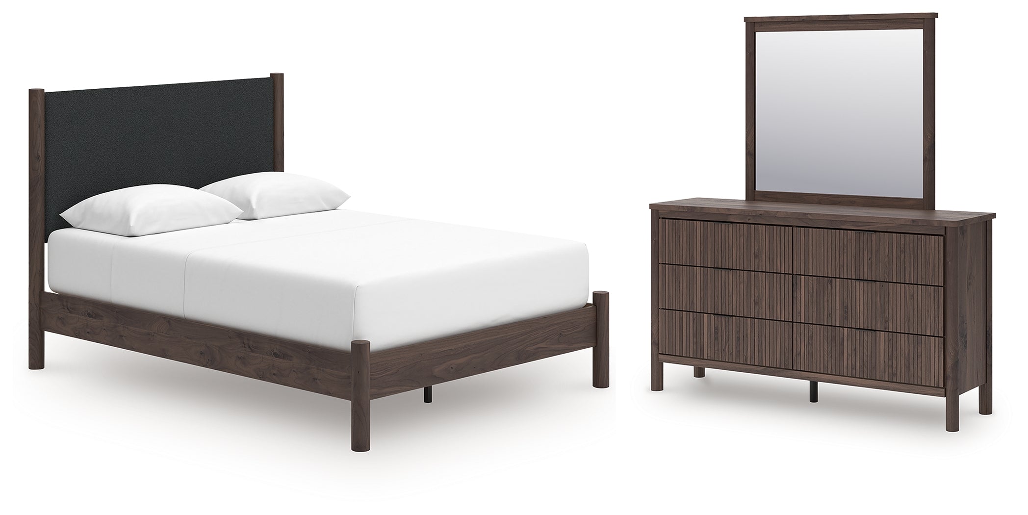 Pamytta Queen Upholstered Platform Bed, Dresser and Mirror