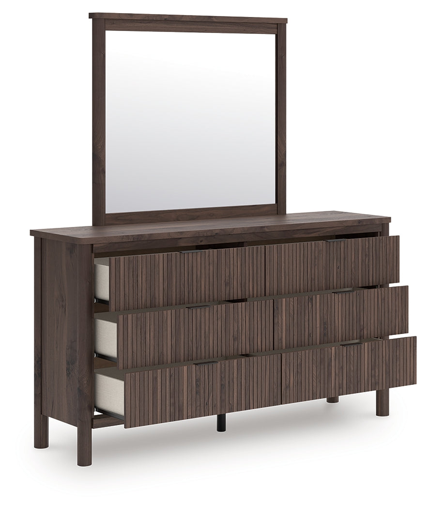 Pamytta Queen Upholstered Platform Bed, Dresser and Mirror