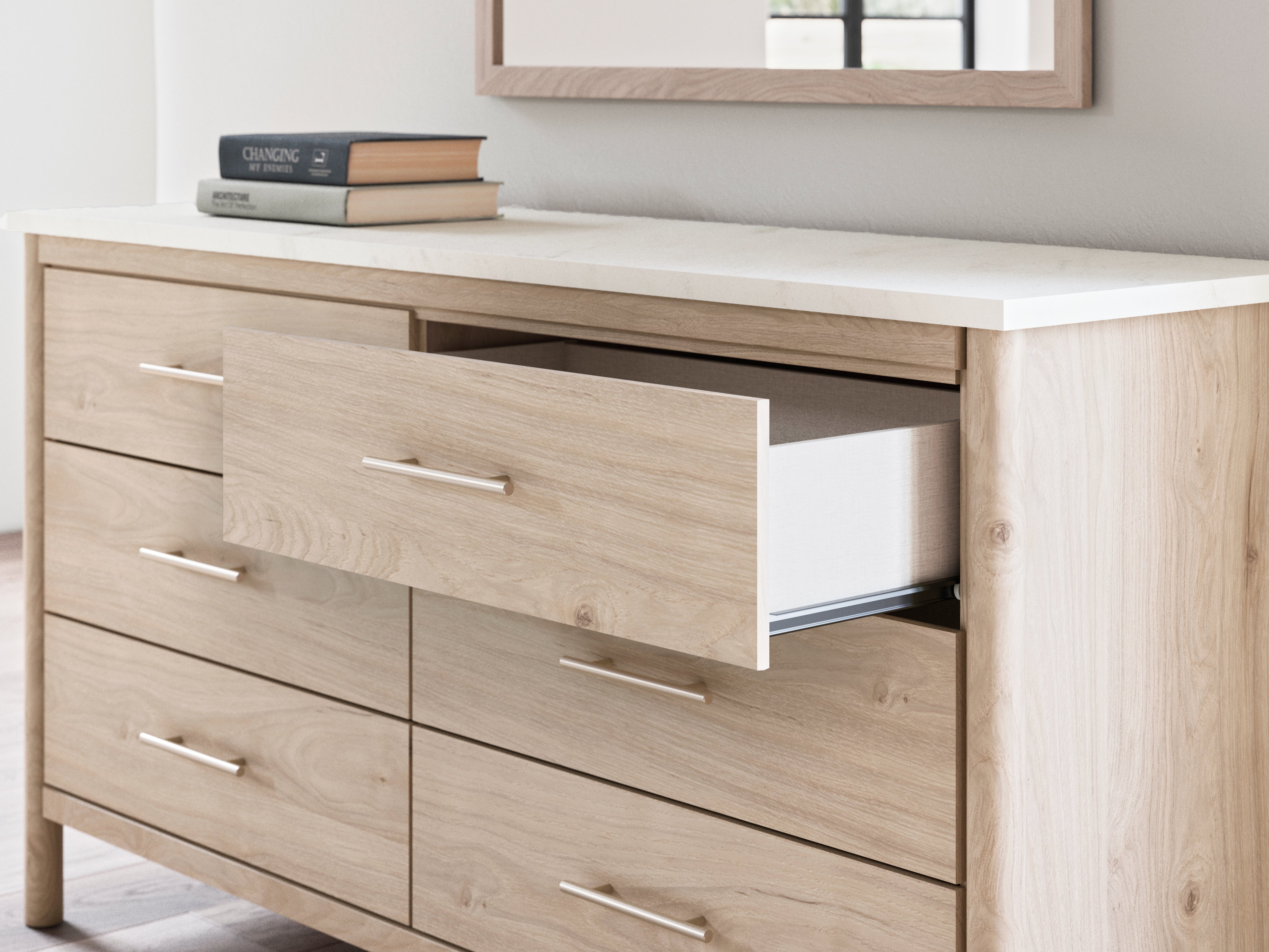Cadmori Full Upholstered Panel Bed, Dresser and Mirror