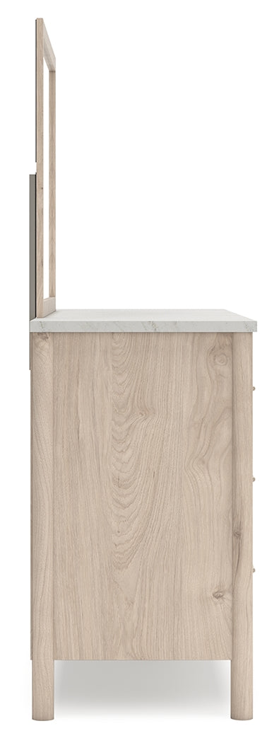 Cadmori King Upholstered Panel Bed, Dresser, Mirror and Nightstand