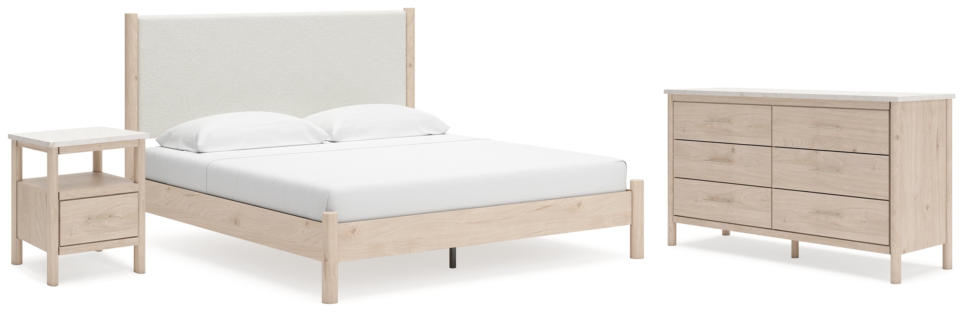 Cadmori King Upholstered Panel Bed, Dresser and Nightstand