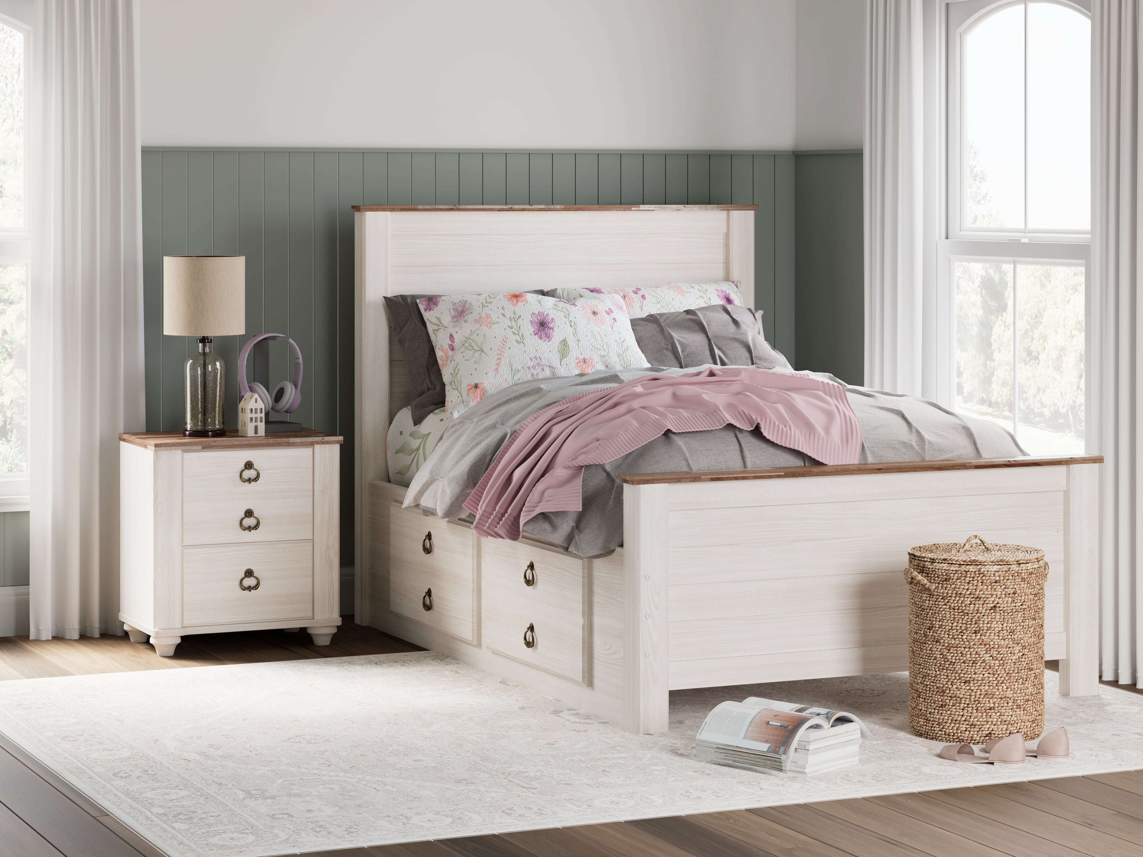Willowton Full Panel Bed with storage, Dresser, Mirror, Chest and Nightstand