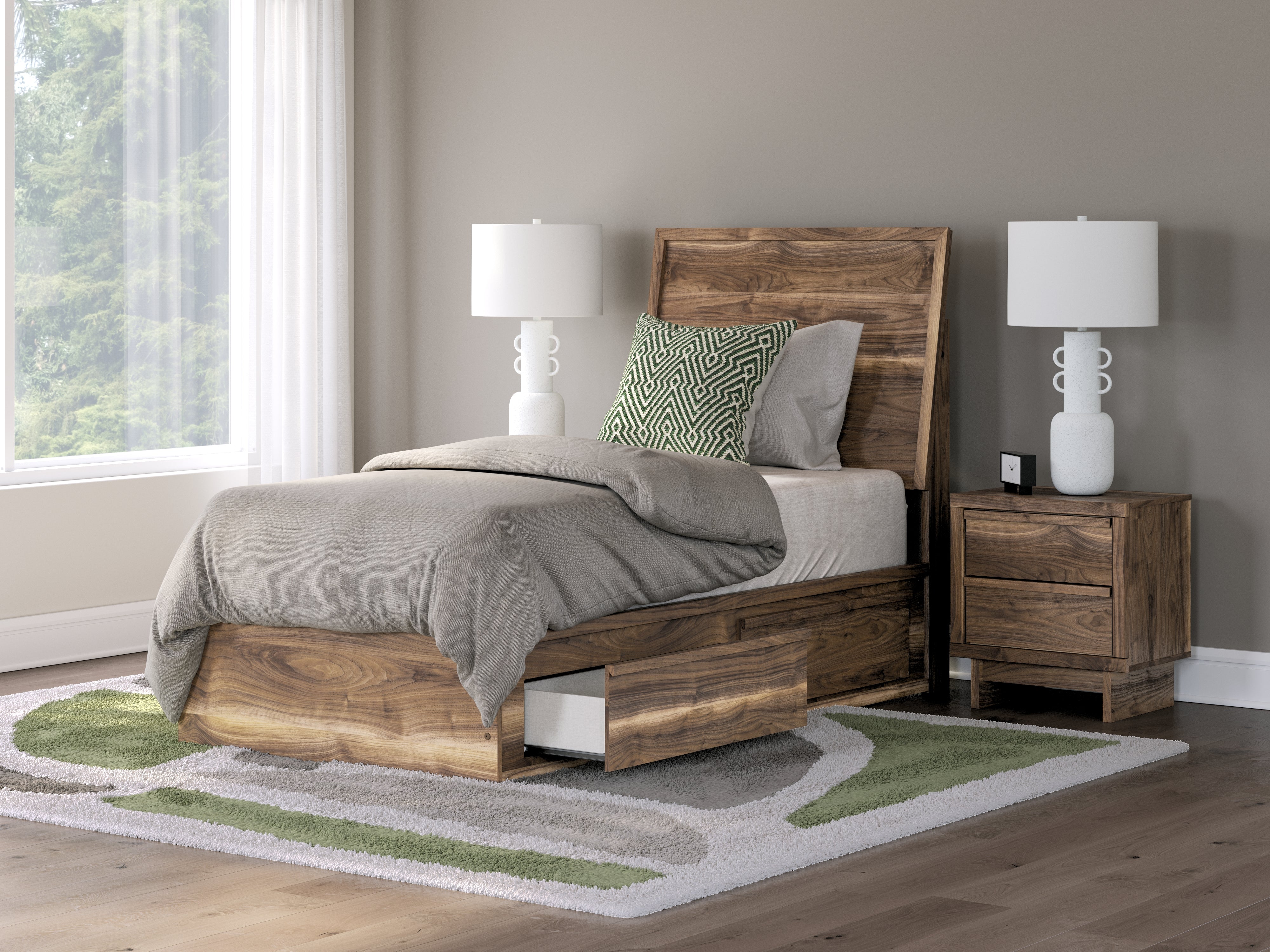 Chirason Twin Panel Bed with Storage, Dresser and Mirror