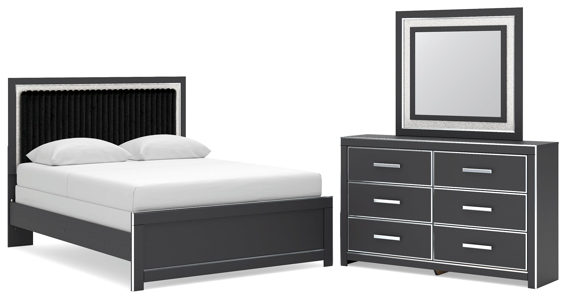 Zuraleus Queen Upholstered Panel Bed, Dresser and Mirror