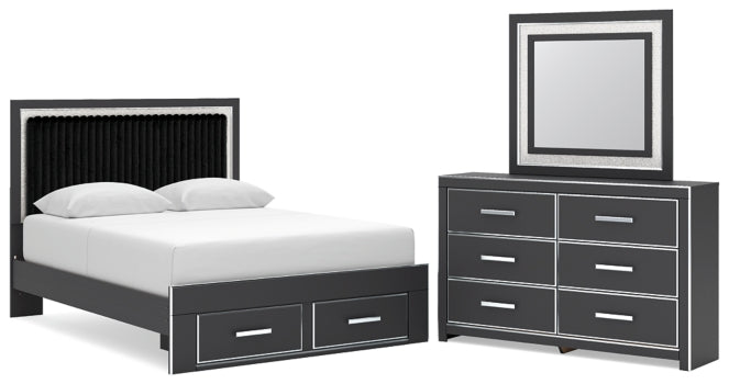 Zuraleus Queen Upholstered Panel Platform Storage Bed, Dresser and Mirror