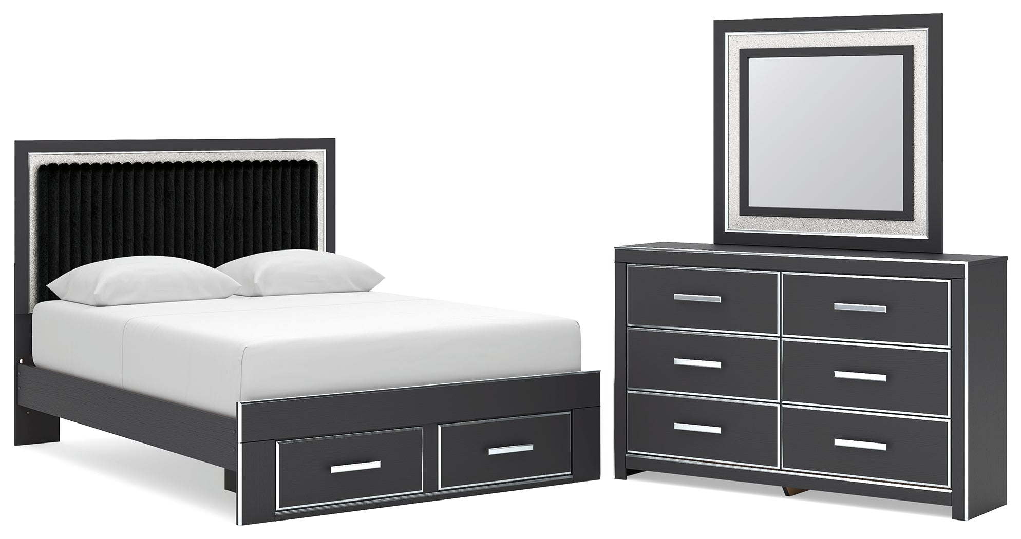 Zuraleus Queen Upholstered Panel Platform Storage Bed, Dresser and Mirror