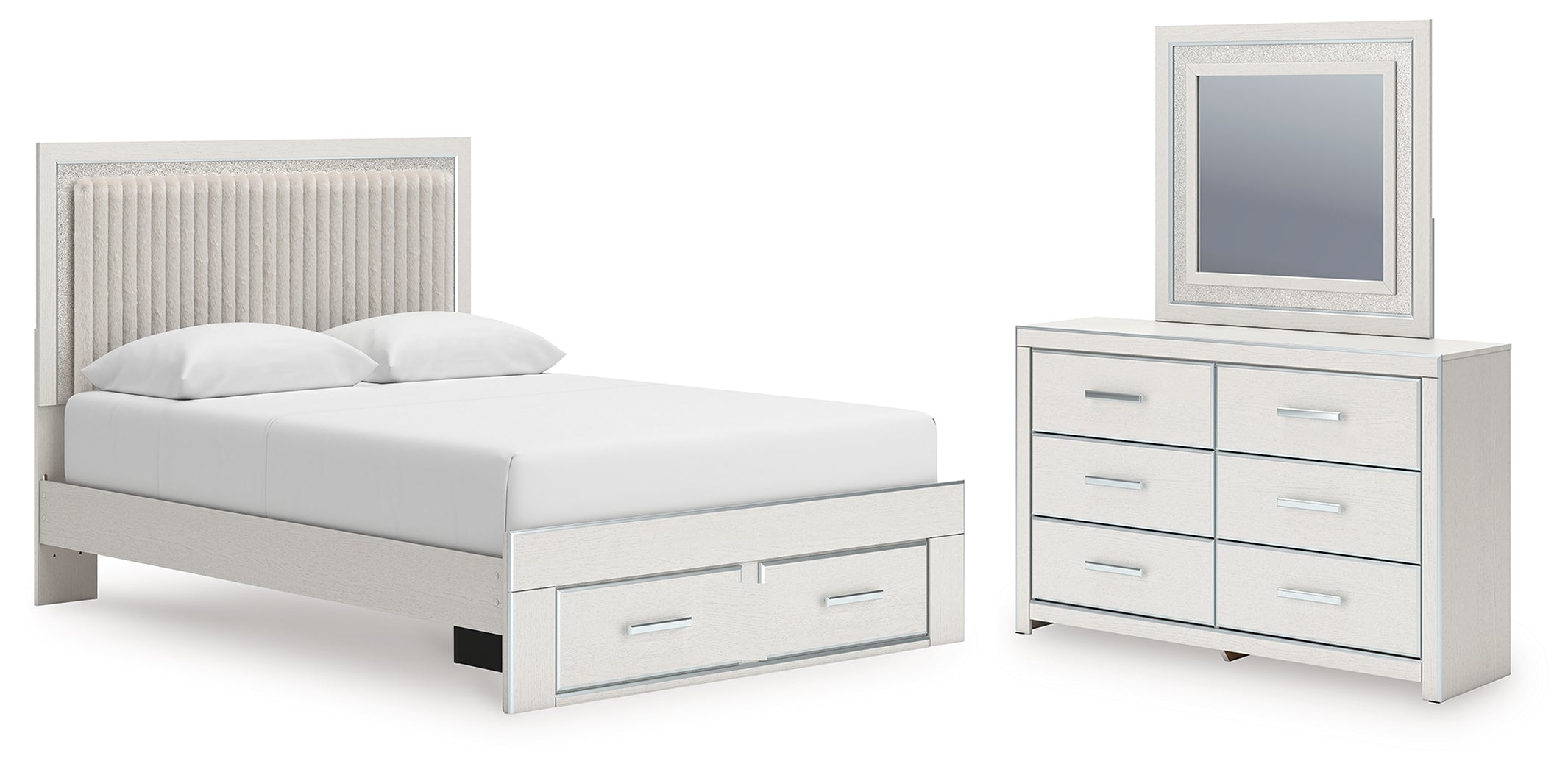 Zuraleus Queen Upholstered Panel Platform Storage Bed, Dresser and Mirror