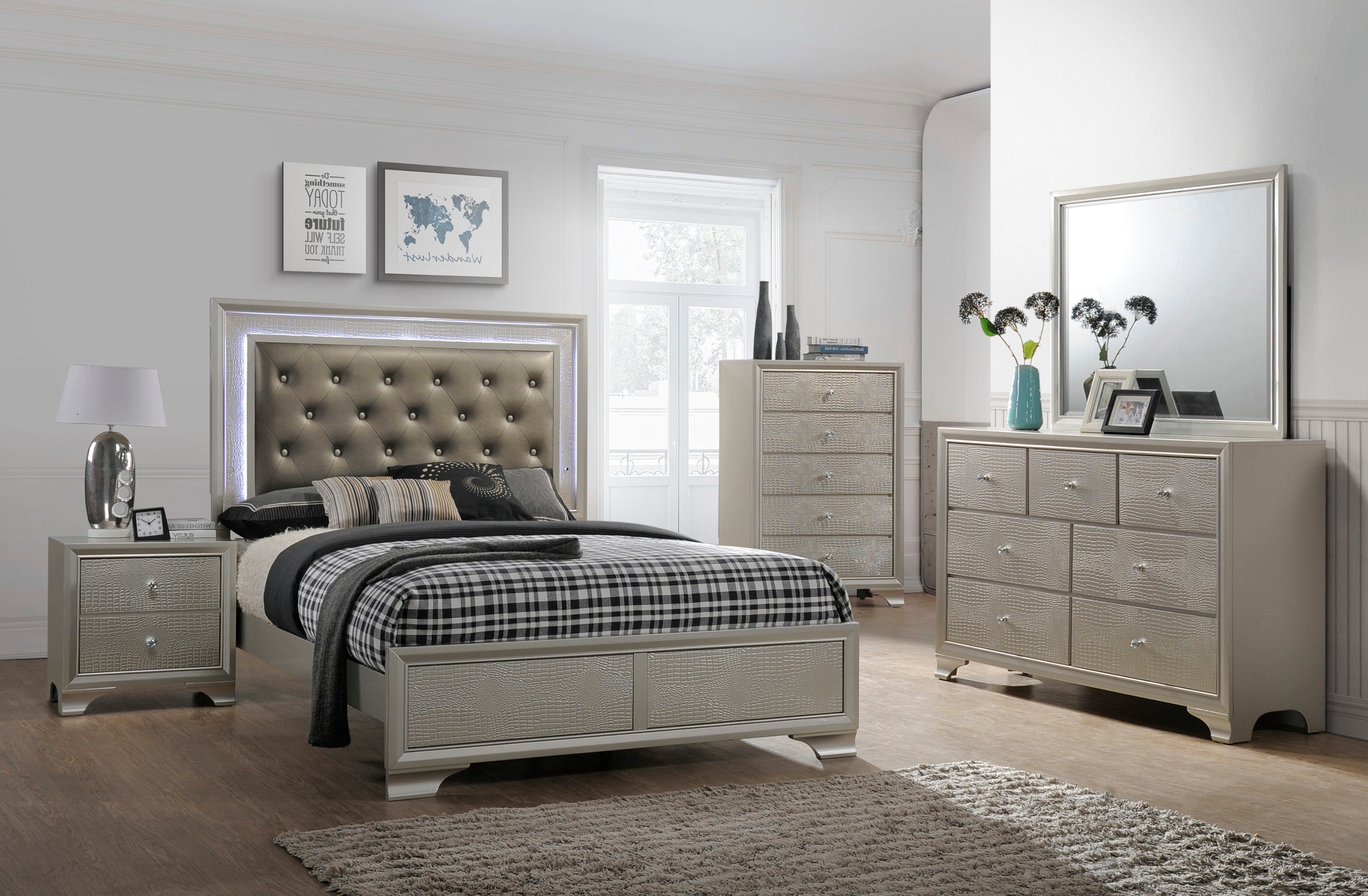 Lyssa Champagne LED Upholstered Panel Bedroom Set - MyWaynesHome #