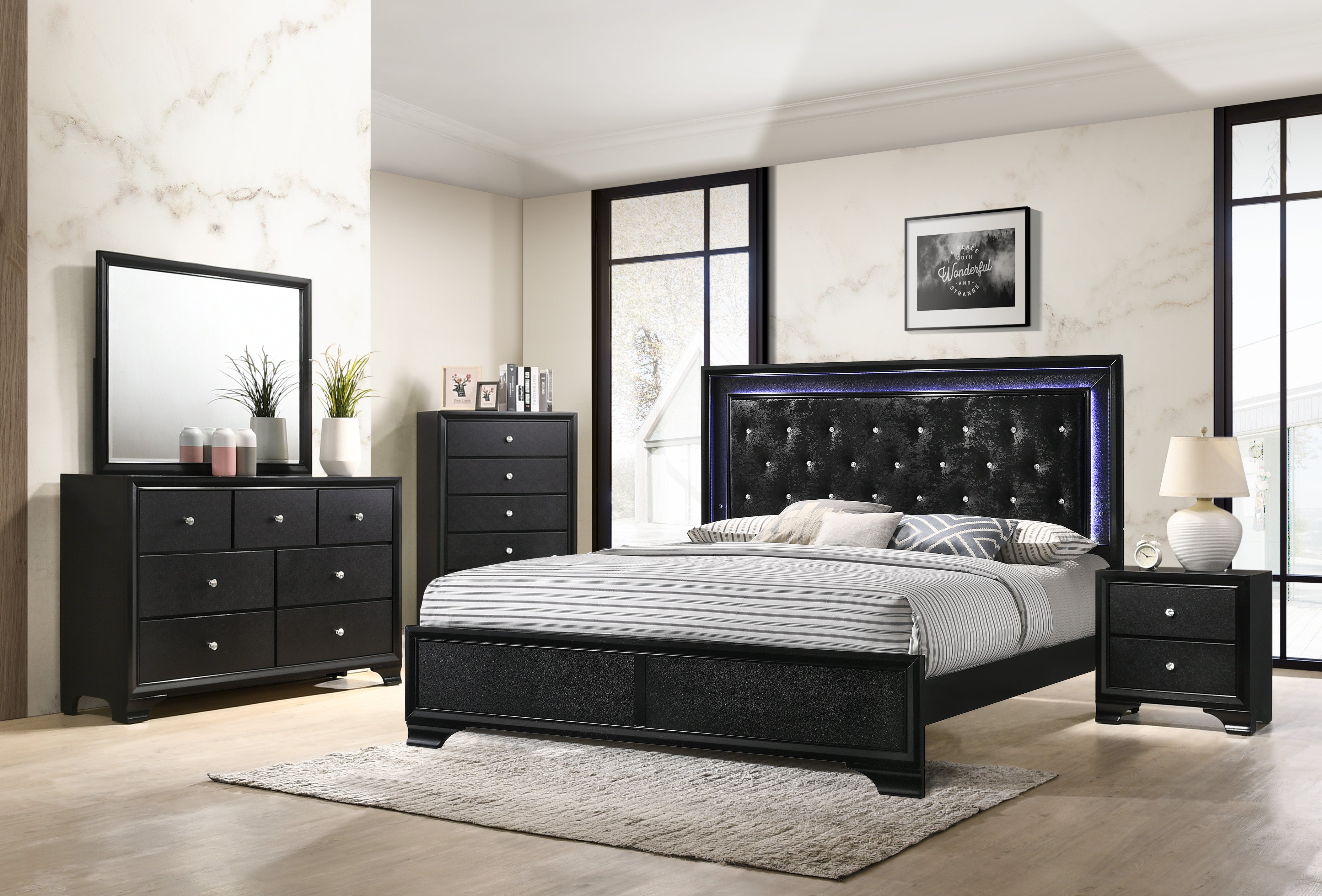 Micah Black LED Upholstered Panel Bedroom Set - MyWaynesHome #