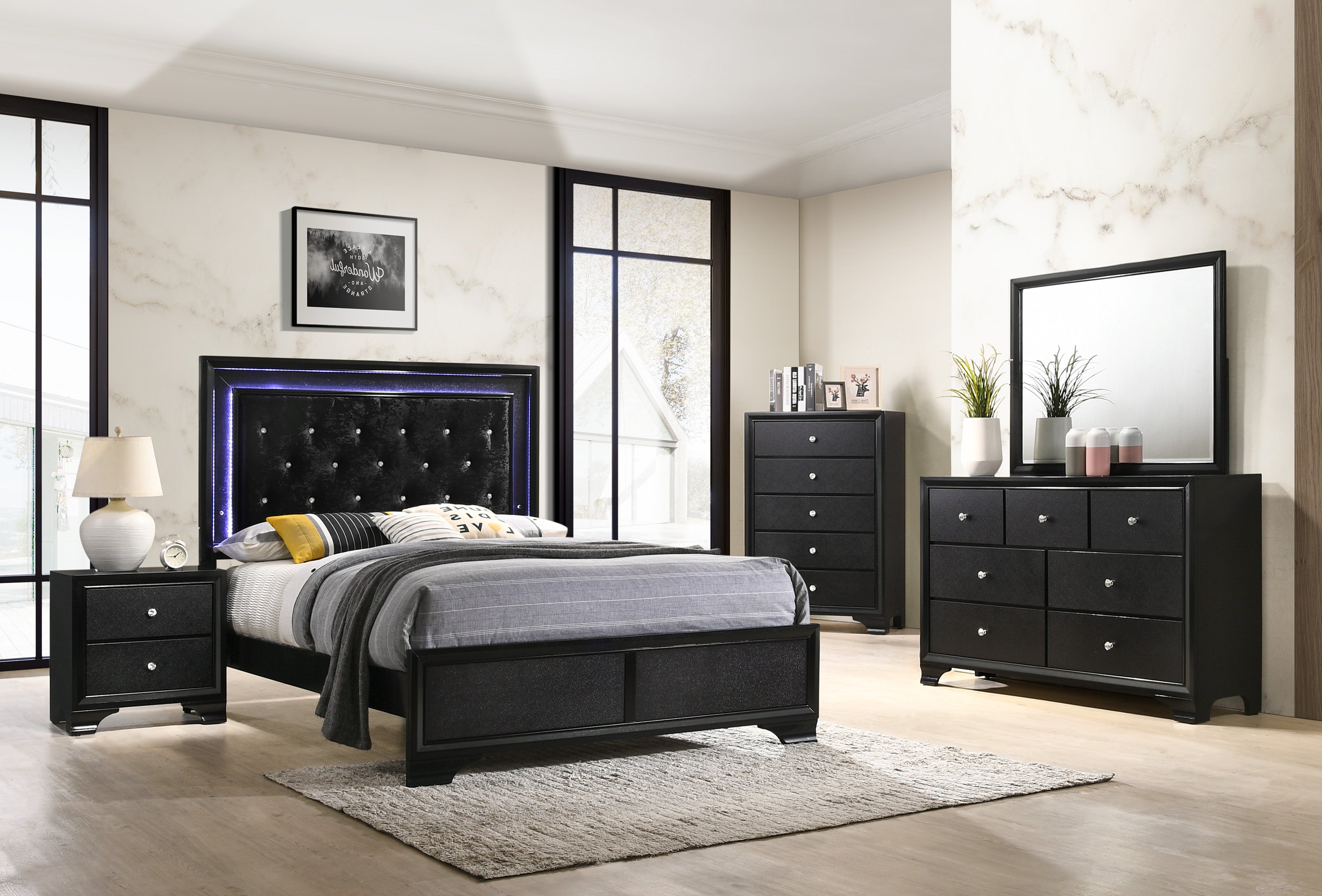 Micah Black Full LED Upholstered Panel Bed - MyWaynesHome #