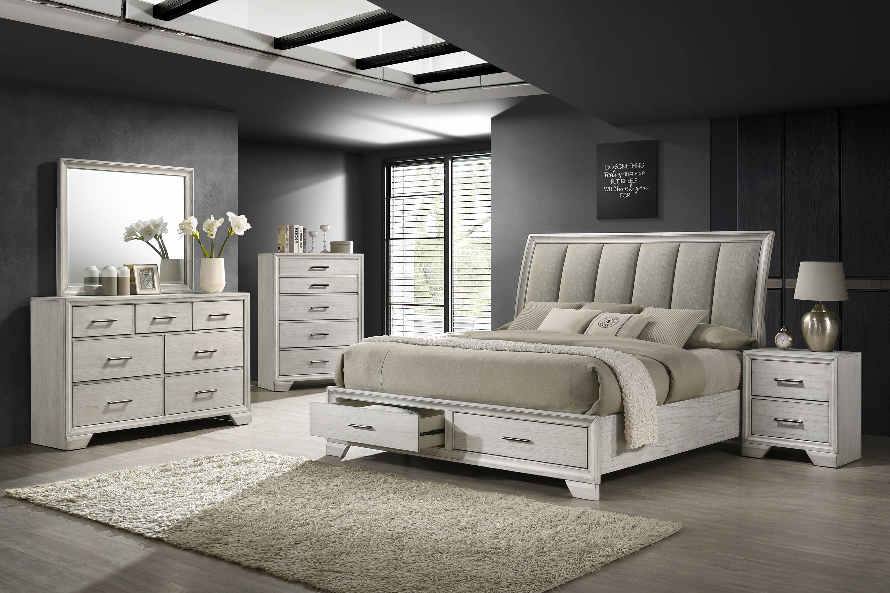 Jaymes White Mist Queen Footboard Storage Platform Bed - MyWaynesHome #