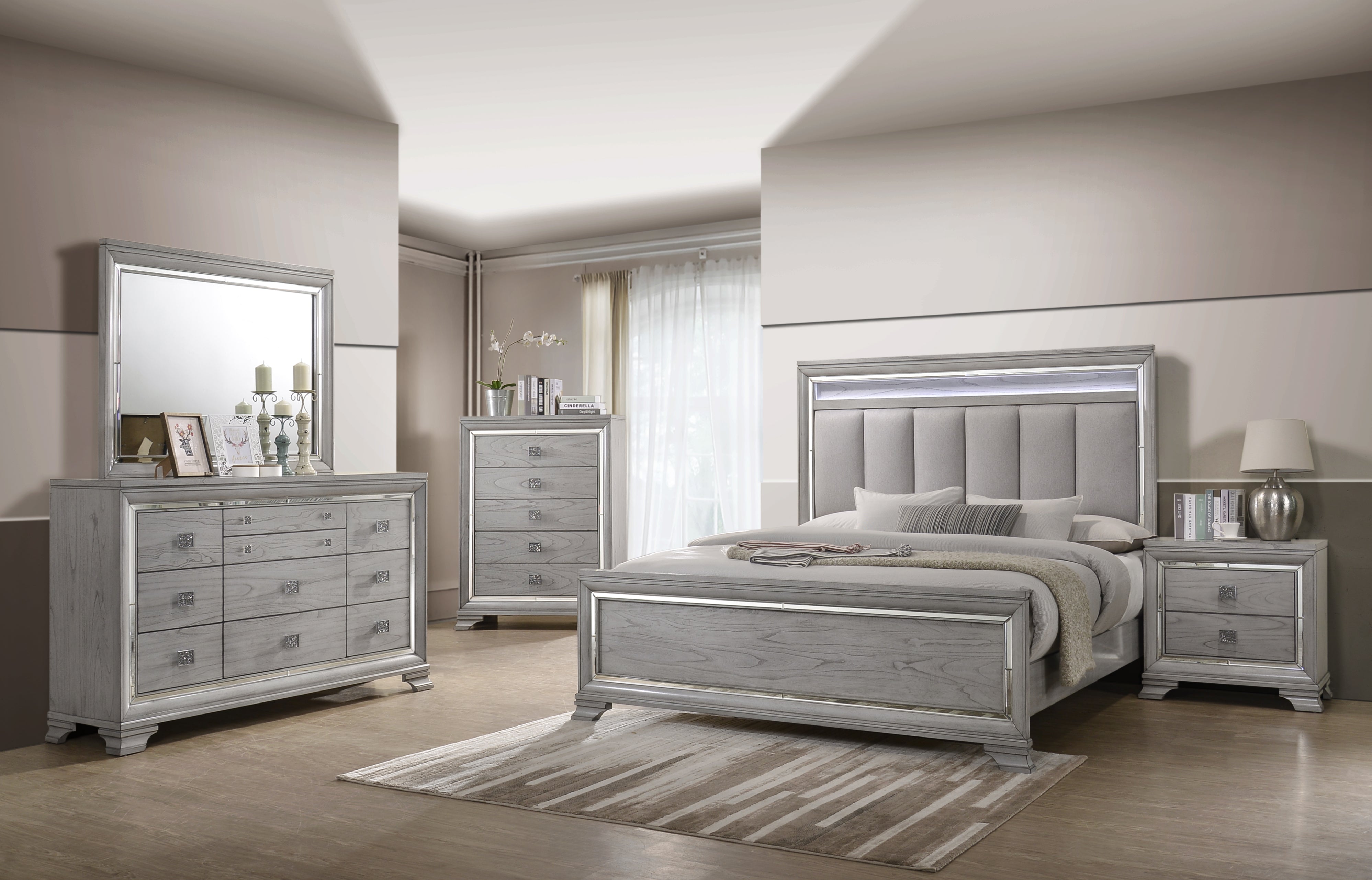 Vail Gray LED Upholstered Panel Bedroom Set - MyWaynesHome #