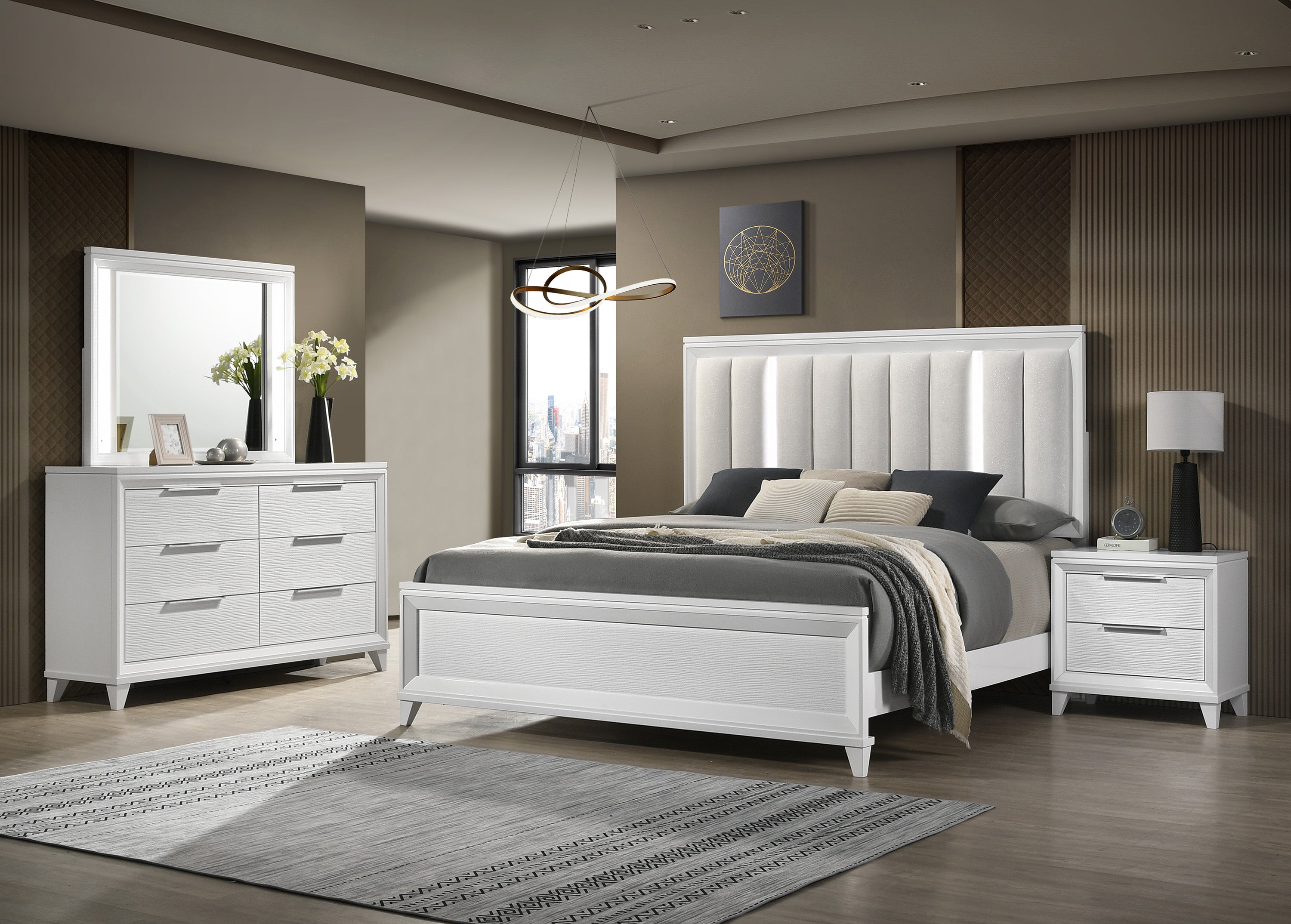 Cressida White Upholstered LED Panel Bedroom Set - MyWaynesHome #