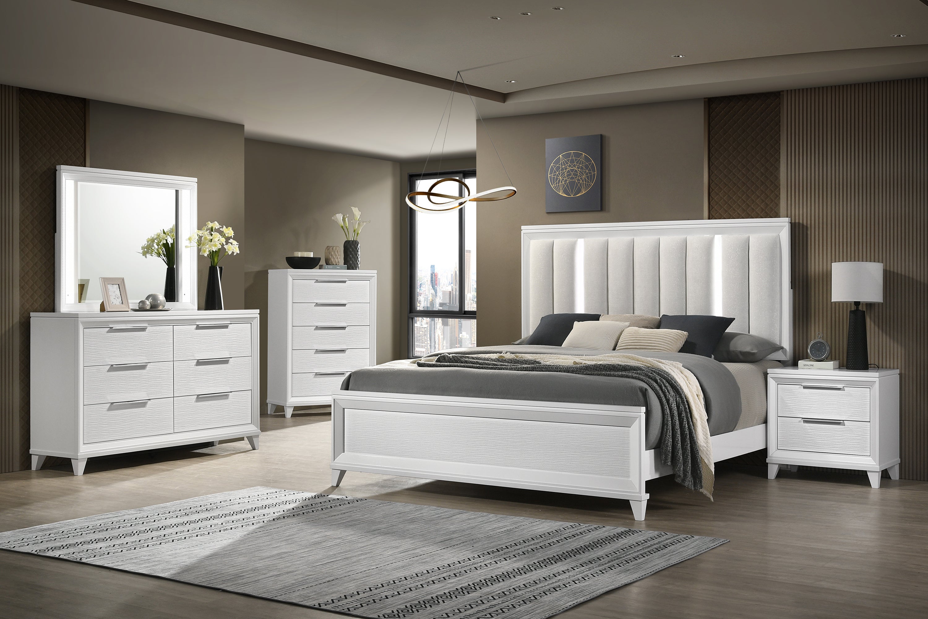 Cressida White Upholstered LED Panel Bedroom Set - MyWaynesHome #