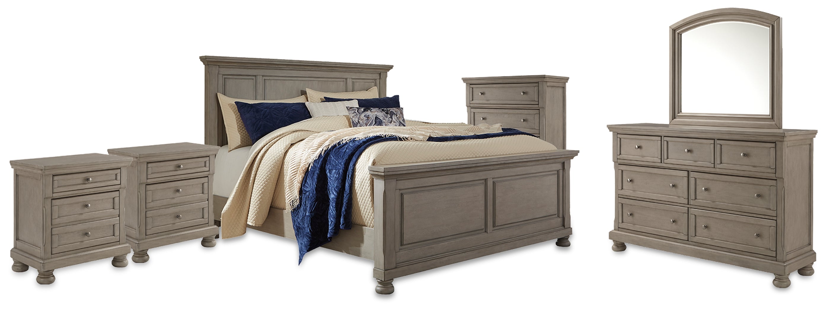 Lettner King Panel Bed, Dresser, Mirror, Chest and 2 Nightstands