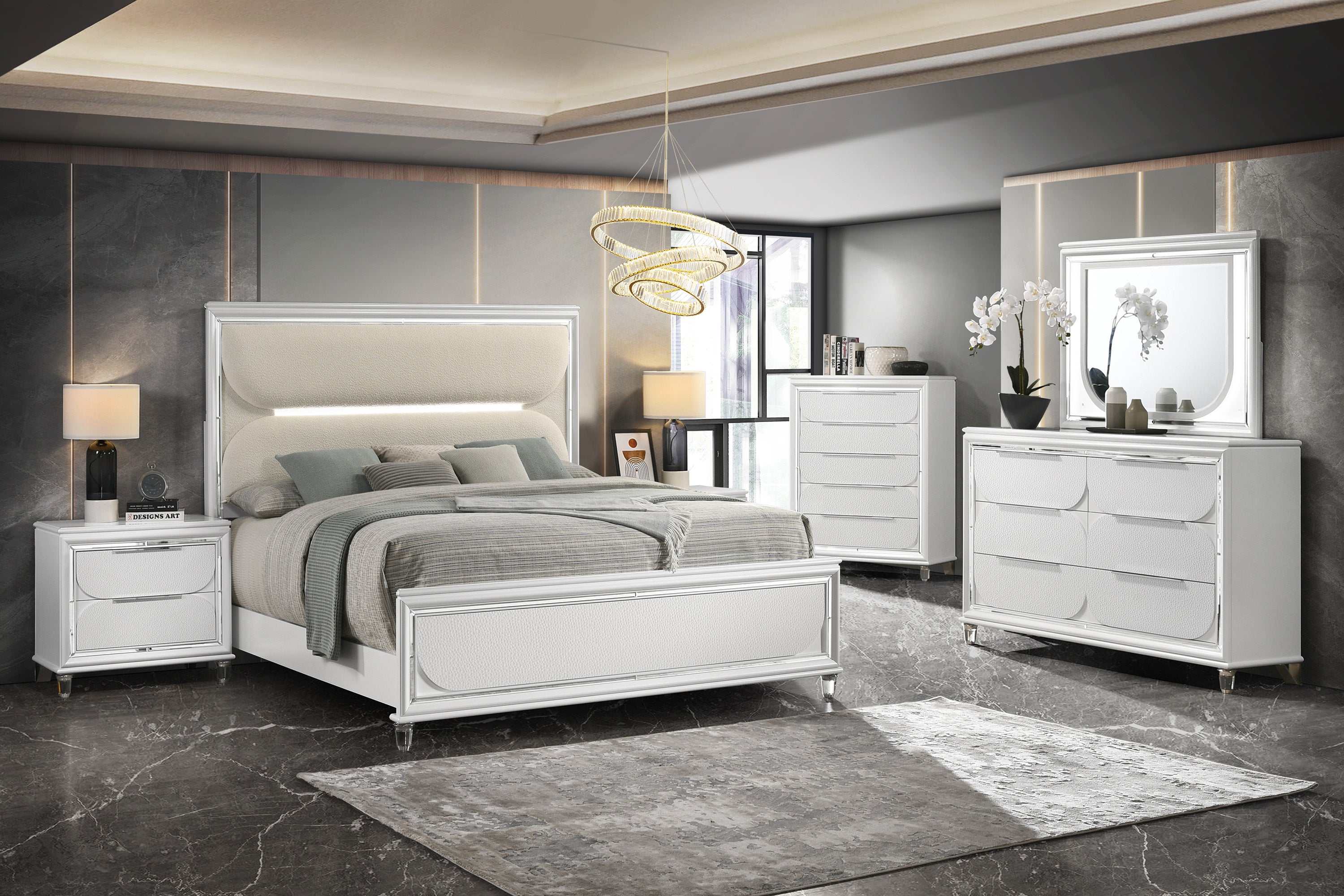 Eden White Boucle Upholstered LED Panel Bedroom Set - MyWaynesHome #