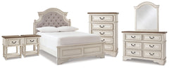 Realyn Full Upholstered Panel Bed, Dresser, Mirror, Chest and 2 Nightstands