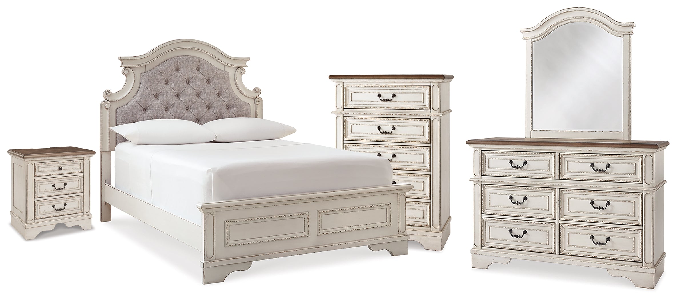 Realyn Full Panel Bed, Dresser, Mirror, Chest and Nightstand