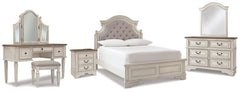 Realyn Full Panel Bed, Dresser, Mirror, 3-Piece Vanity and Nightstand